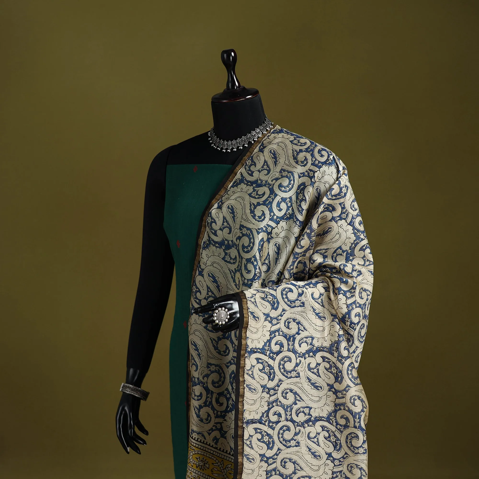 Blue - Chanderi Silk Hand Block Print Natural Dyed Bagru Dupatta 10 sold by Itokri product image thumbnail 2