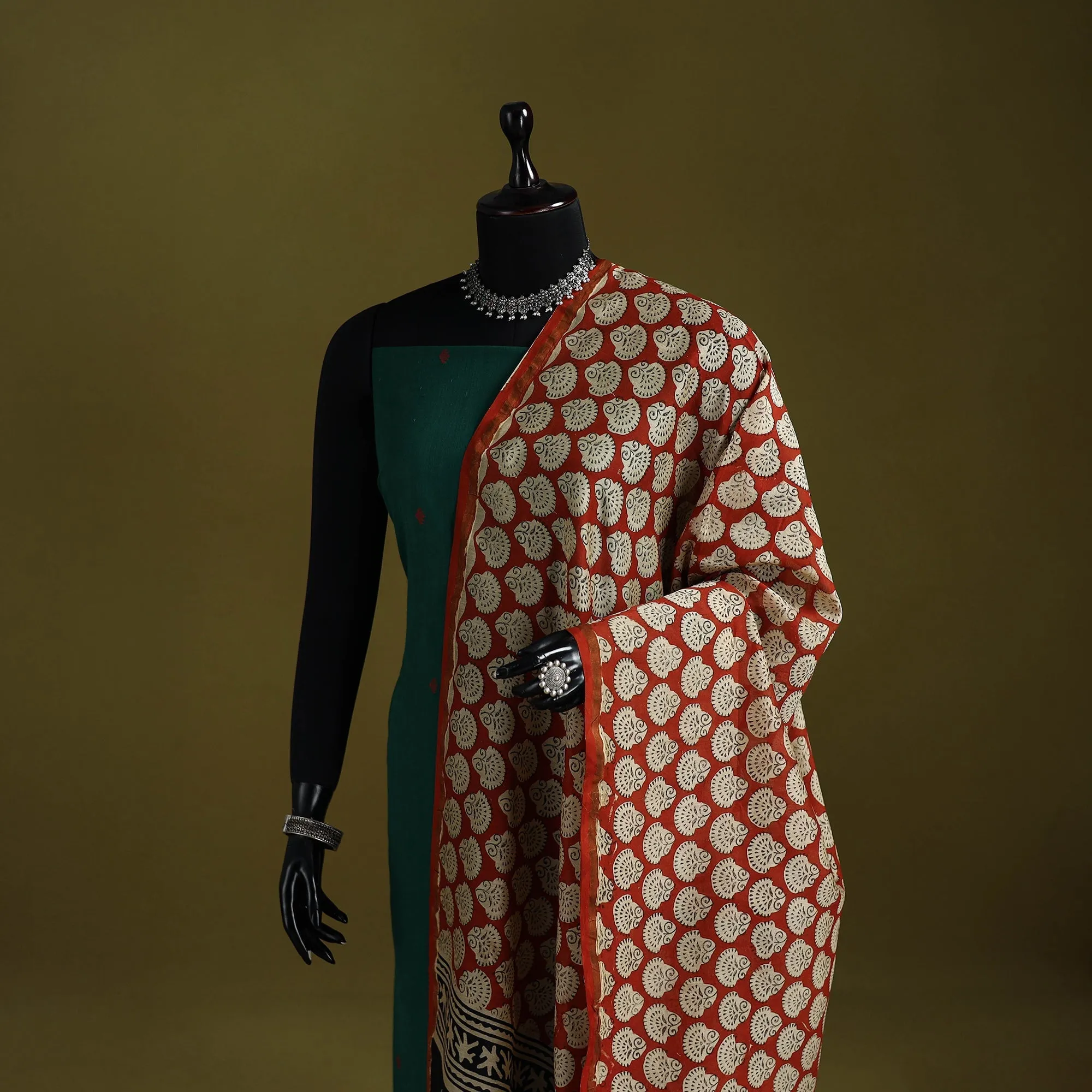 Red - Chanderi Silk Hand Block Print Natural Dyed Bagru Dupatta 22 sold by Itokri product image thumbnail 2