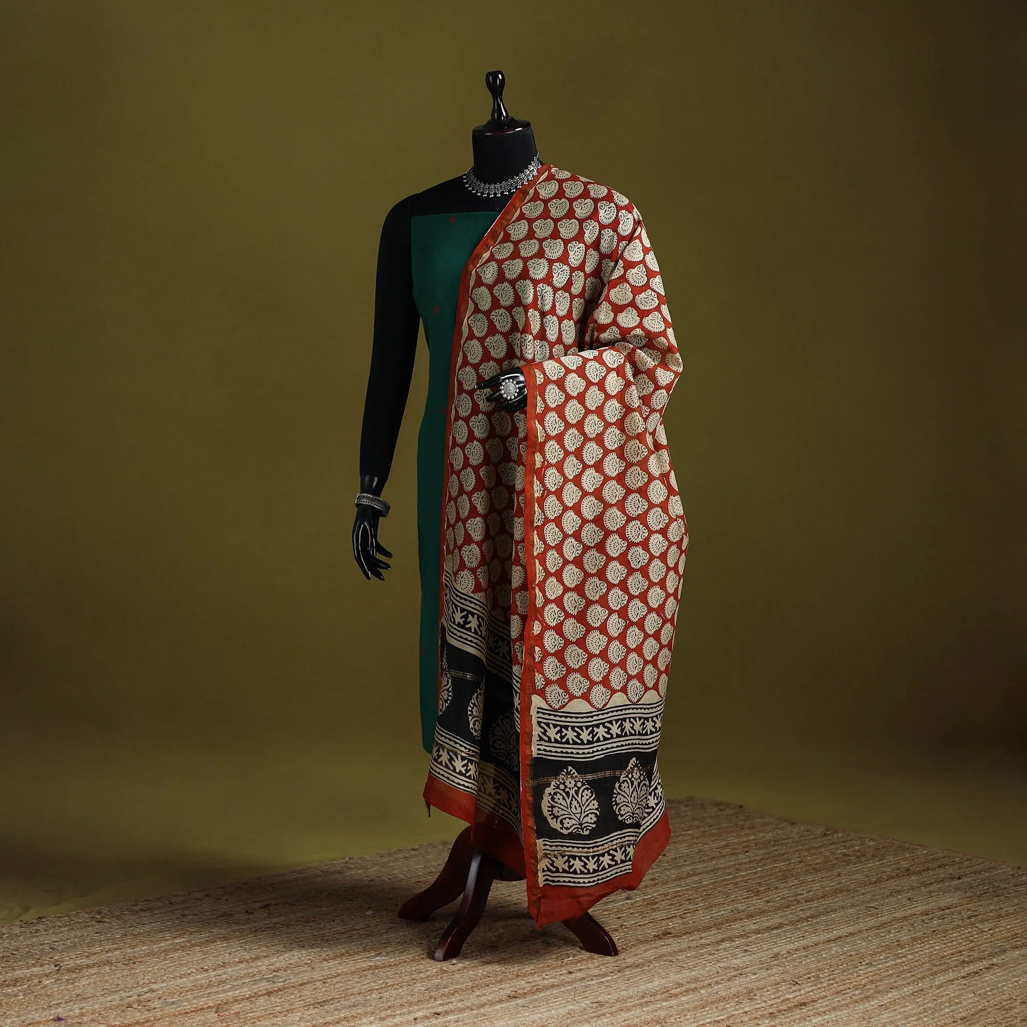 Red - Chanderi Silk Hand Block Print Natural Dyed Bagru Dupatta 22 sold by Itokri