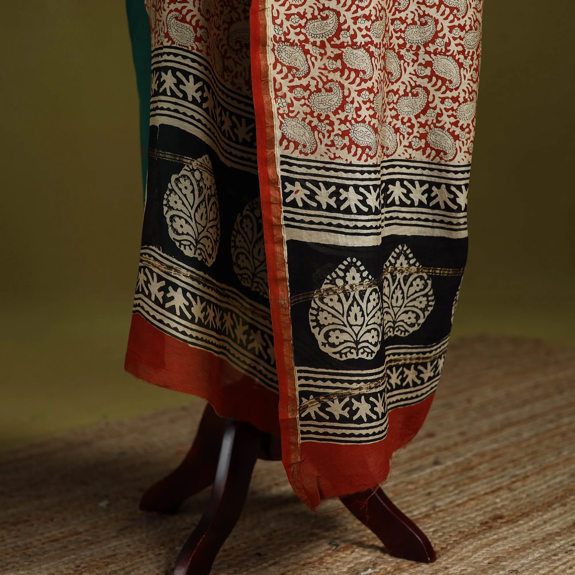 Orange - Chanderi Silk Hand Block Print Natural Dyed Bagru Dupatta 28 sold by Itokri product image thumbnail 4