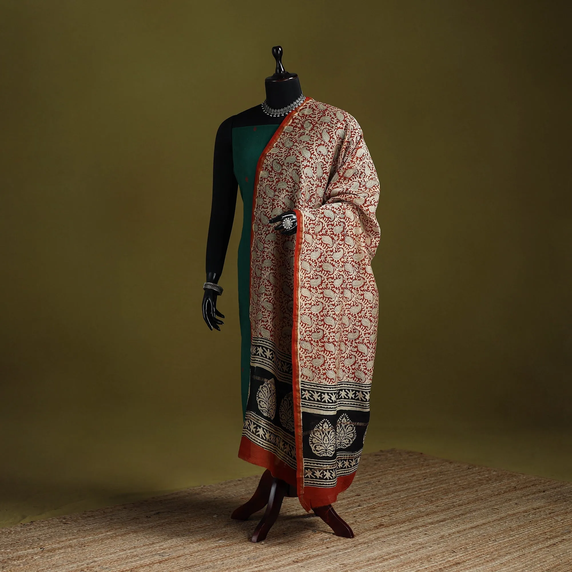 Orange - Chanderi Silk Hand Block Print Natural Dyed Bagru Dupatta 28 sold by Itokri