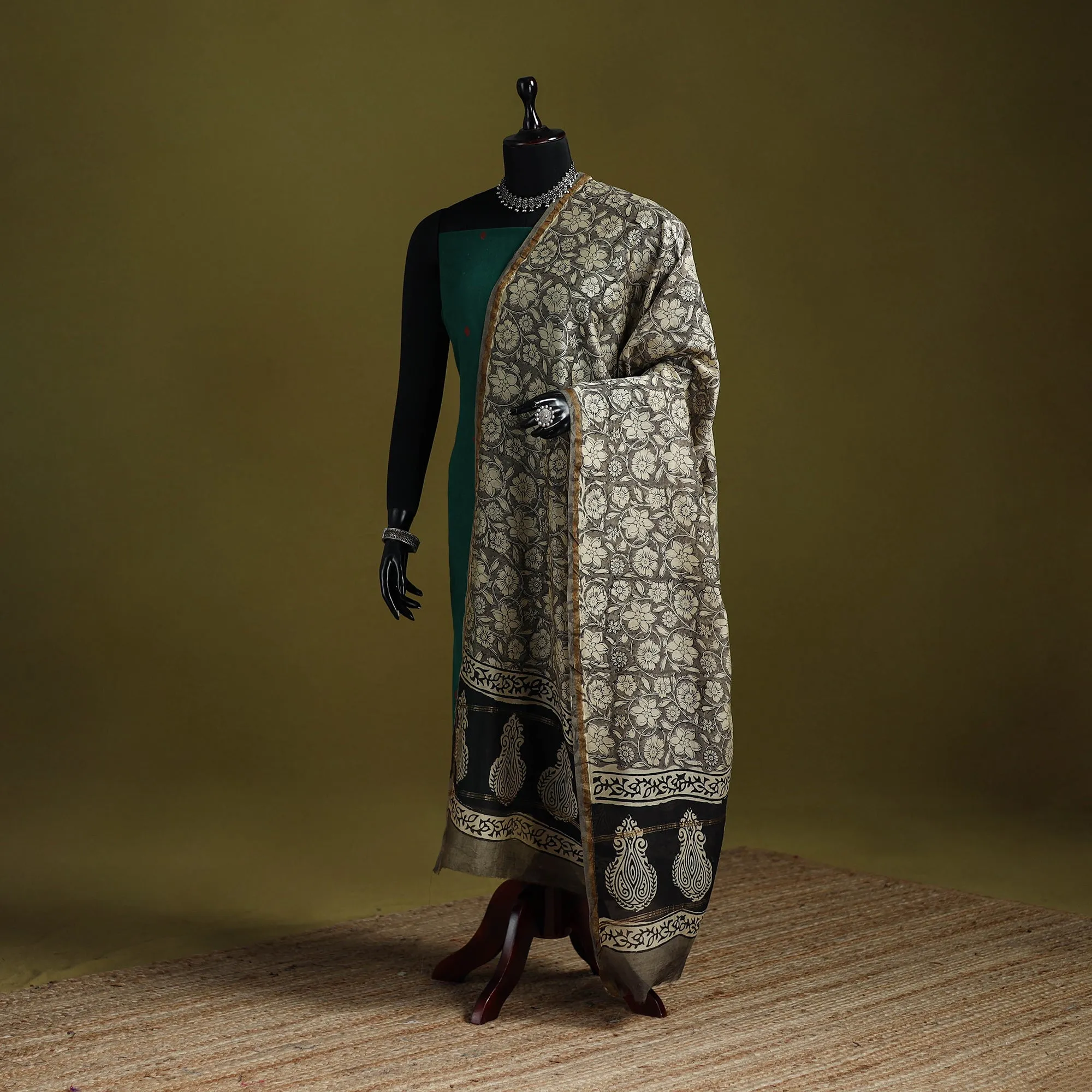 Grey - Chanderi Silk Hand Block Print Natural Dyed Bagru Dupatta 23 sold by Itokri