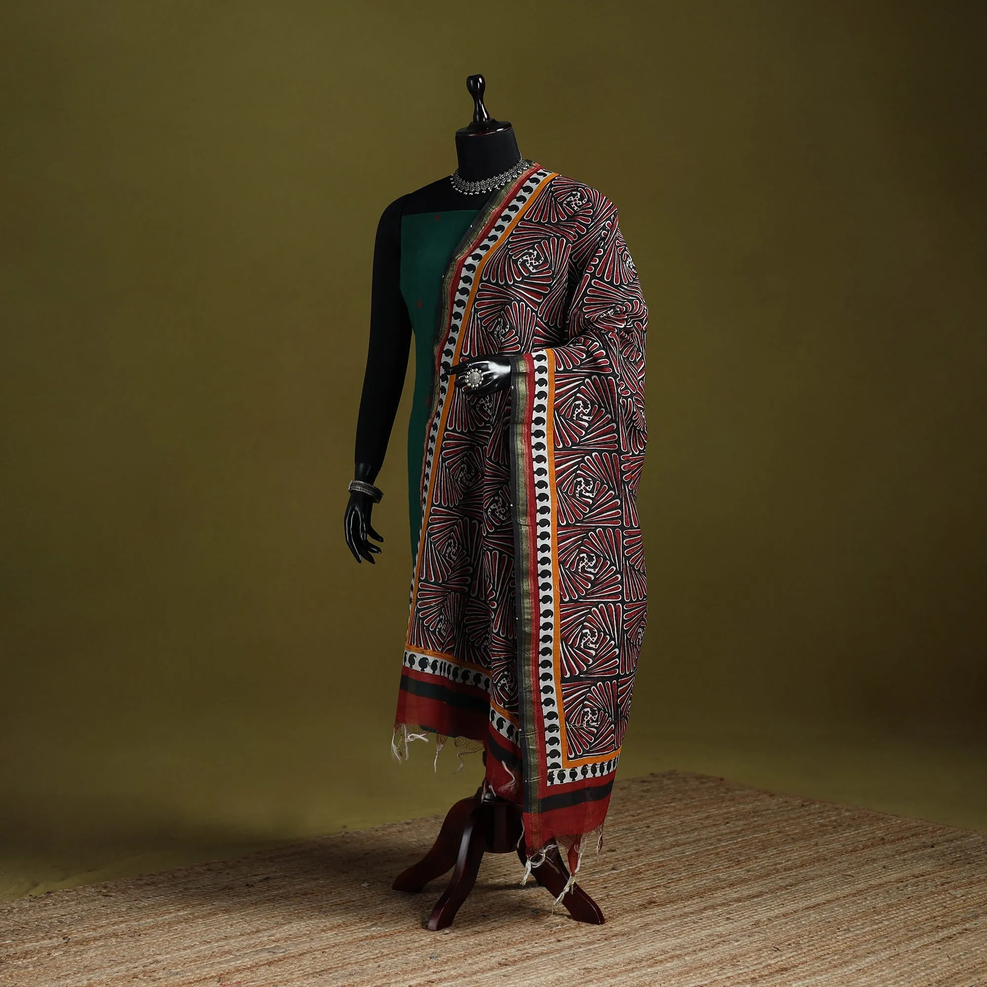 Red - Chanderi Silk Hand Block Print Bagru Dupatta 26 sold by Itokri