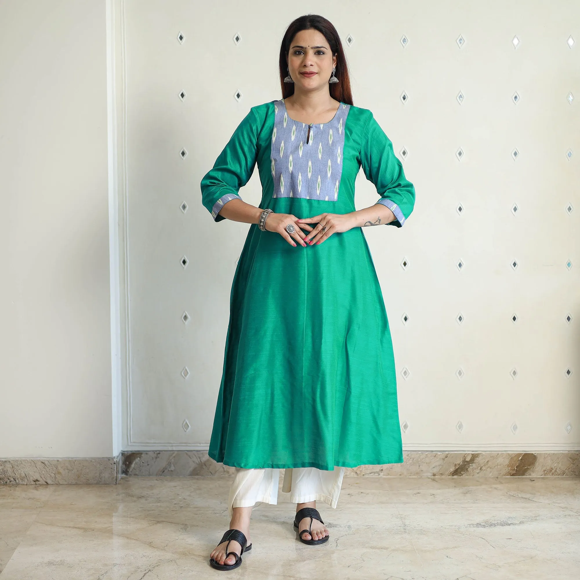 Persian Green - Plain Slub Silk Long A-Line Kurta with Ikat Patchwork 38 sold by Itokri product image thumbnail 2