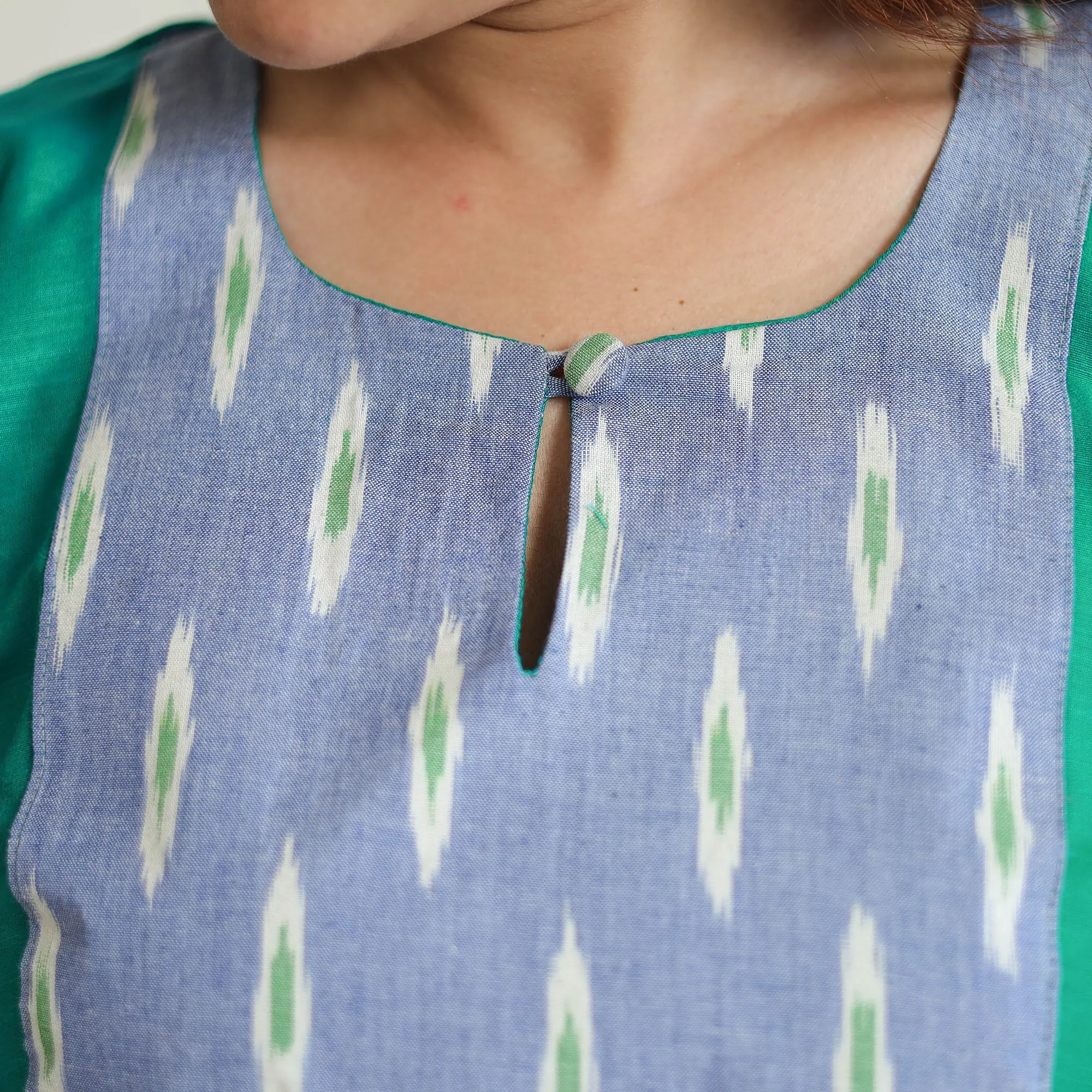 Persian Green - Plain Slub Silk Long A-Line Kurta with Ikat Patchwork 38 sold by Itokri product image thumbnail 5