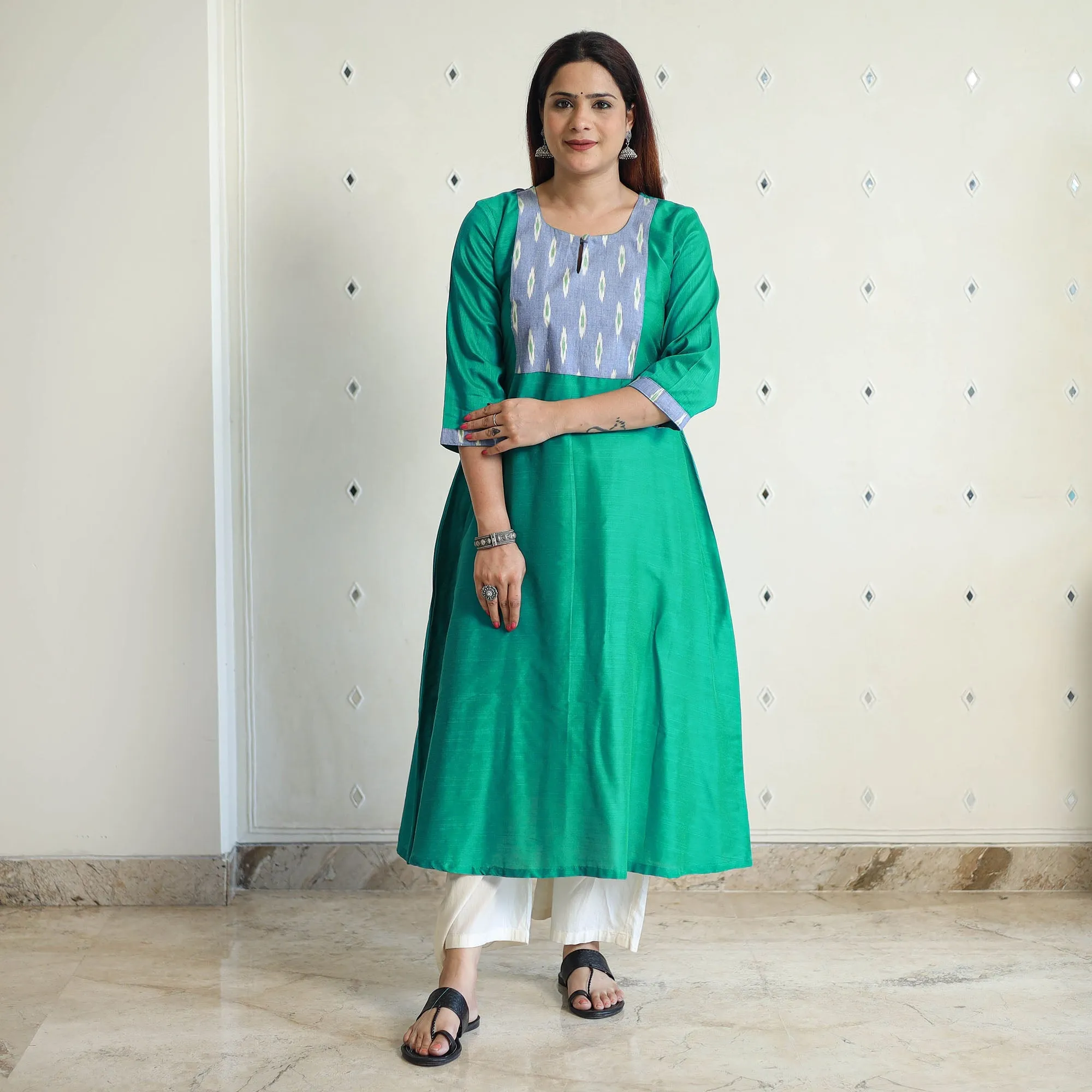 Persian Green - Plain Slub Silk Long A-Line Kurta with Ikat Patchwork 38 sold by Itokri