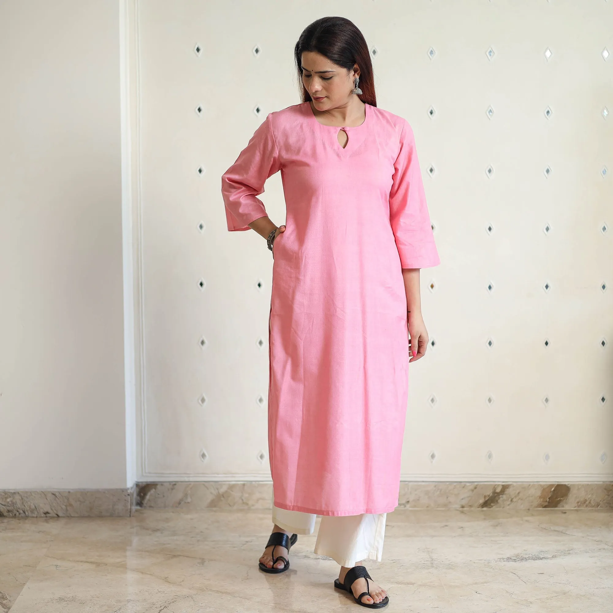 Light Pink - Linen Viscose Plain Long Straight Kurta 42 sold by Itokri product image thumbnail 2