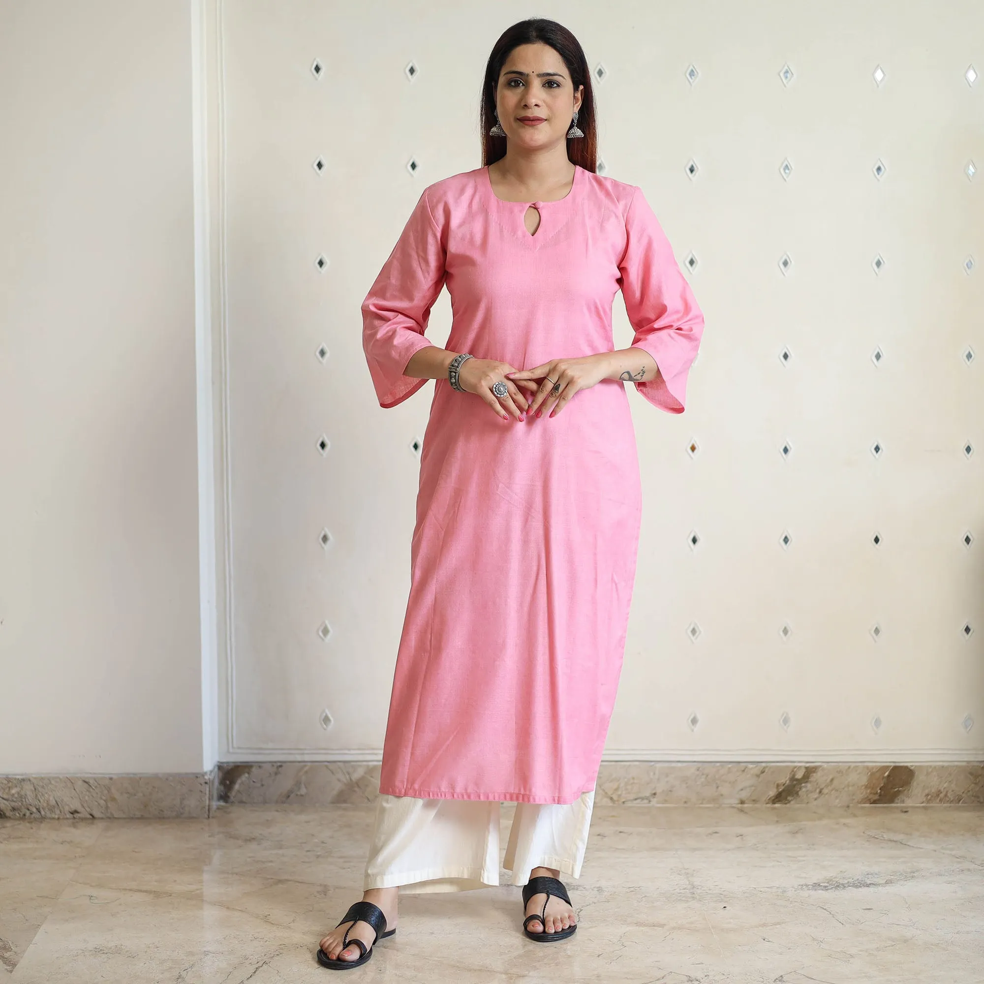 Light Pink - Linen Viscose Plain Long Straight Kurta 42 sold by Itokri product image thumbnail 3