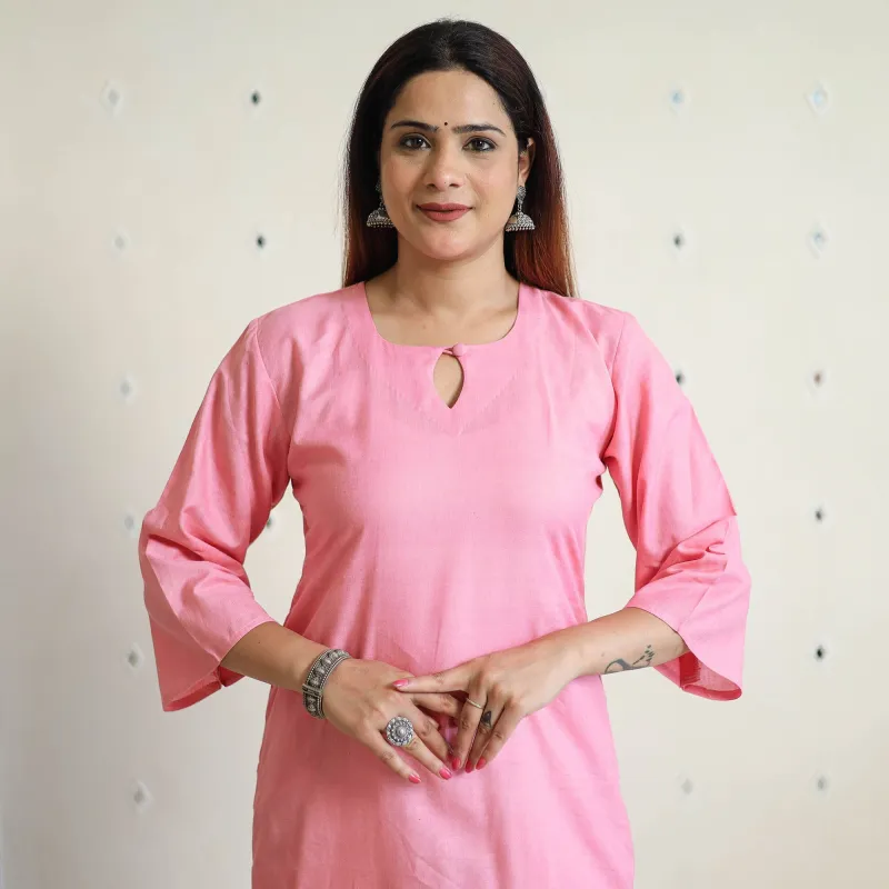 Light Pink - Linen Viscose Plain Long Straight Kurta 42 made by Itokri
