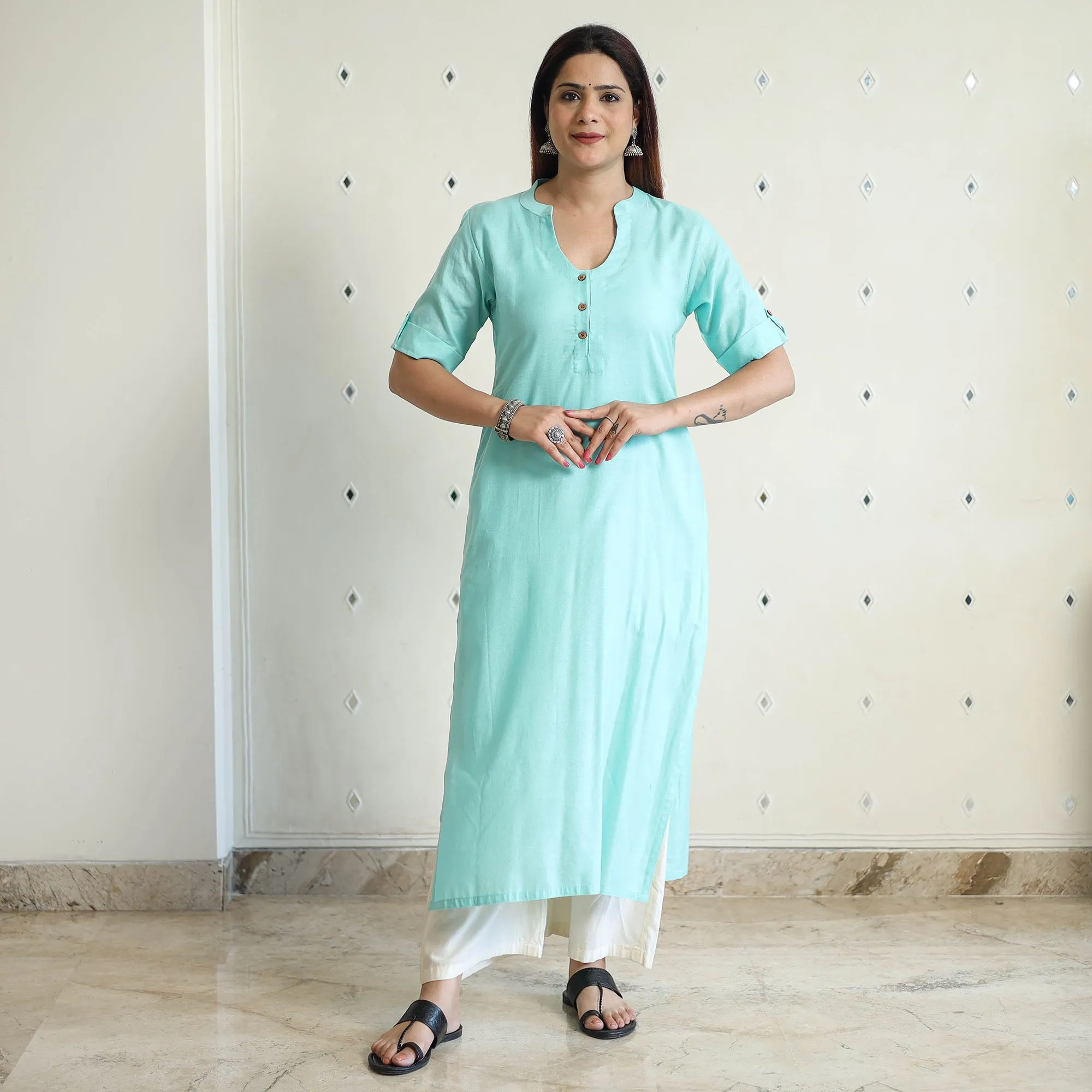 Green - Linen Viscose Plain Long Straight Kurta 47 sold by Itokri product image thumbnail 5