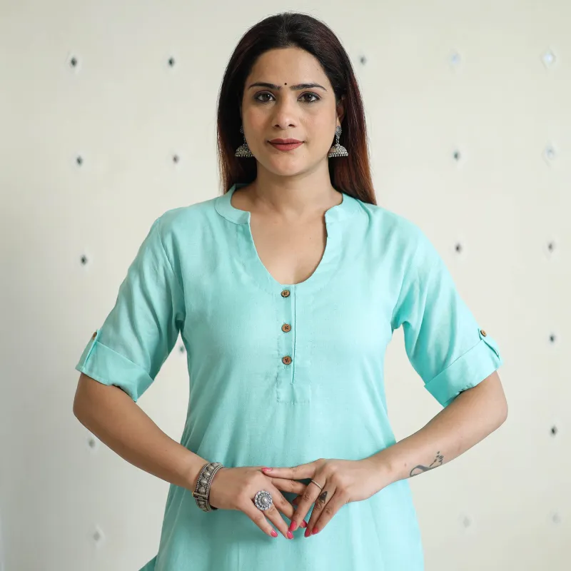 Green - Linen Viscose Plain Long Straight Kurta 47 made by Itokri