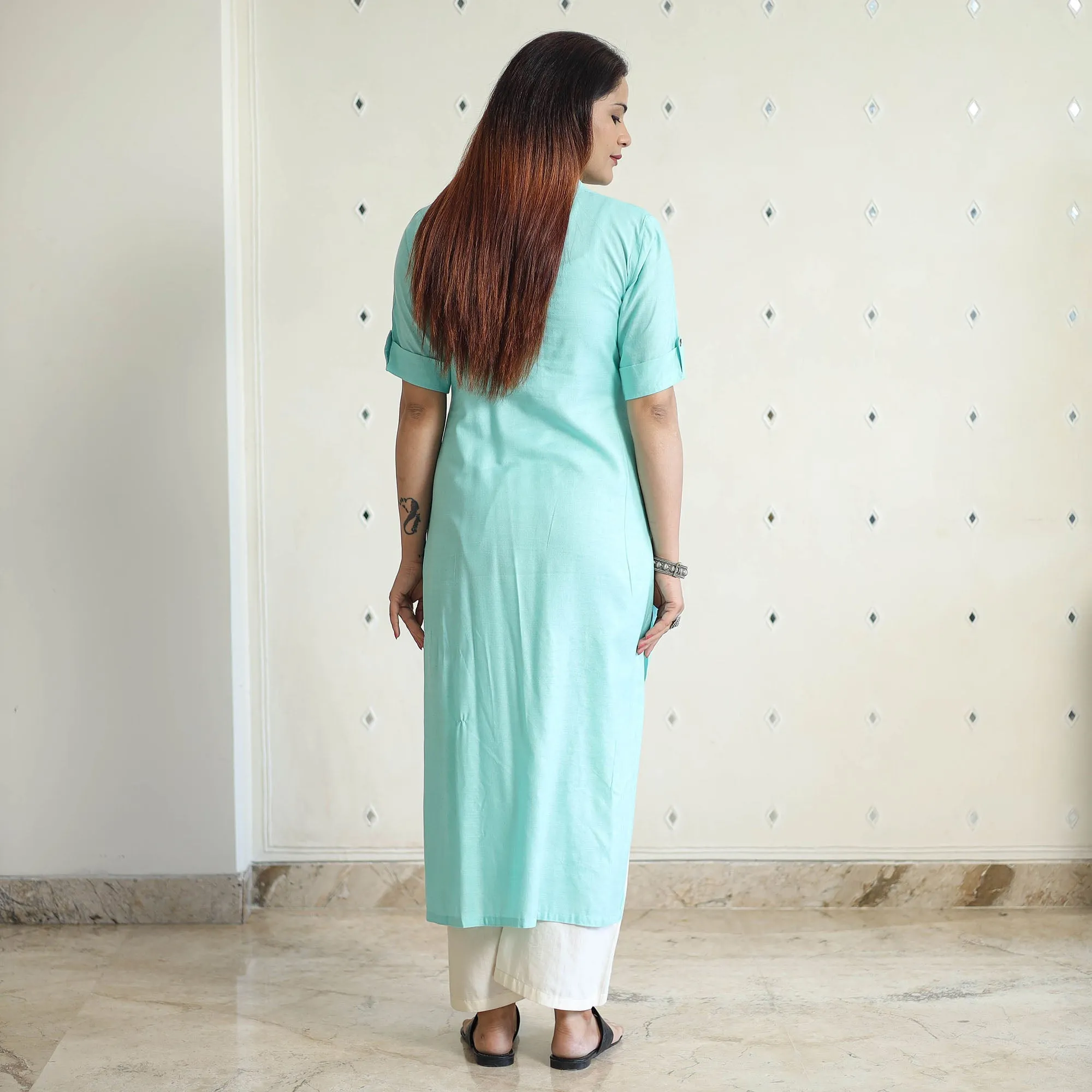 Green - Linen Viscose Plain Long Straight Kurta 47 sold by Itokri product image thumbnail 4