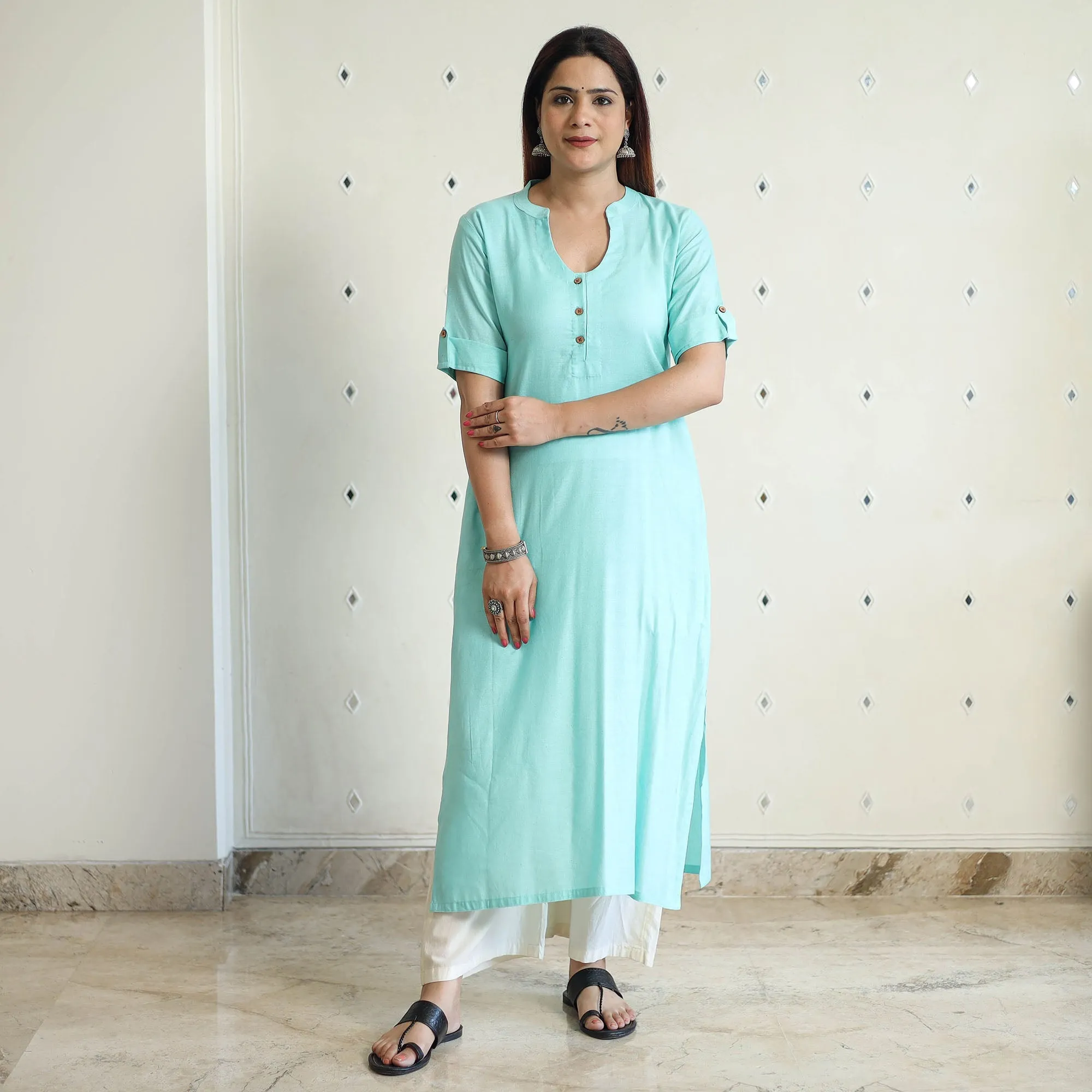 Green - Linen Viscose Plain Long Straight Kurta 47 sold by Itokri product image thumbnail 3