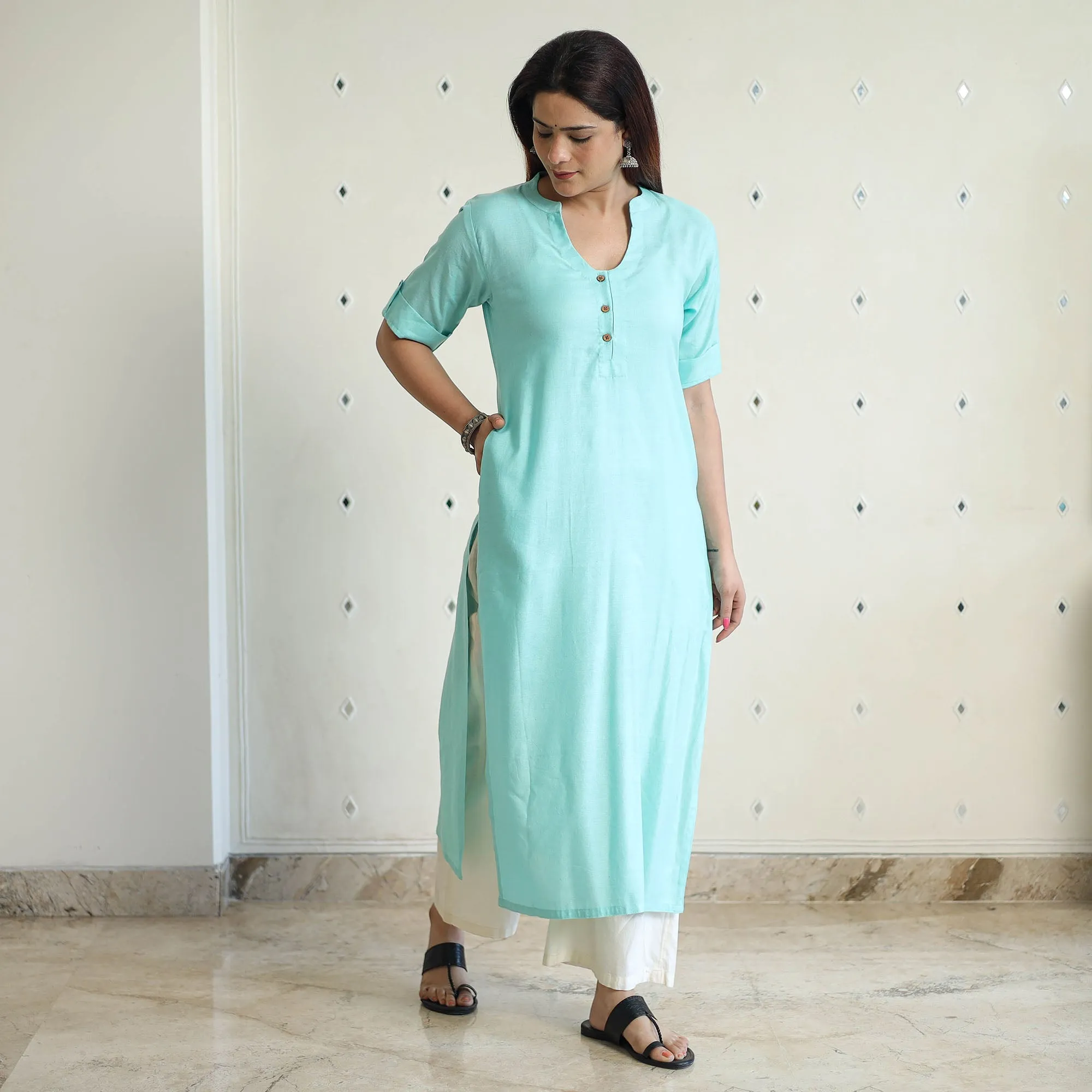 Green - Linen Viscose Plain Long Straight Kurta 47 sold by Itokri product image thumbnail 2