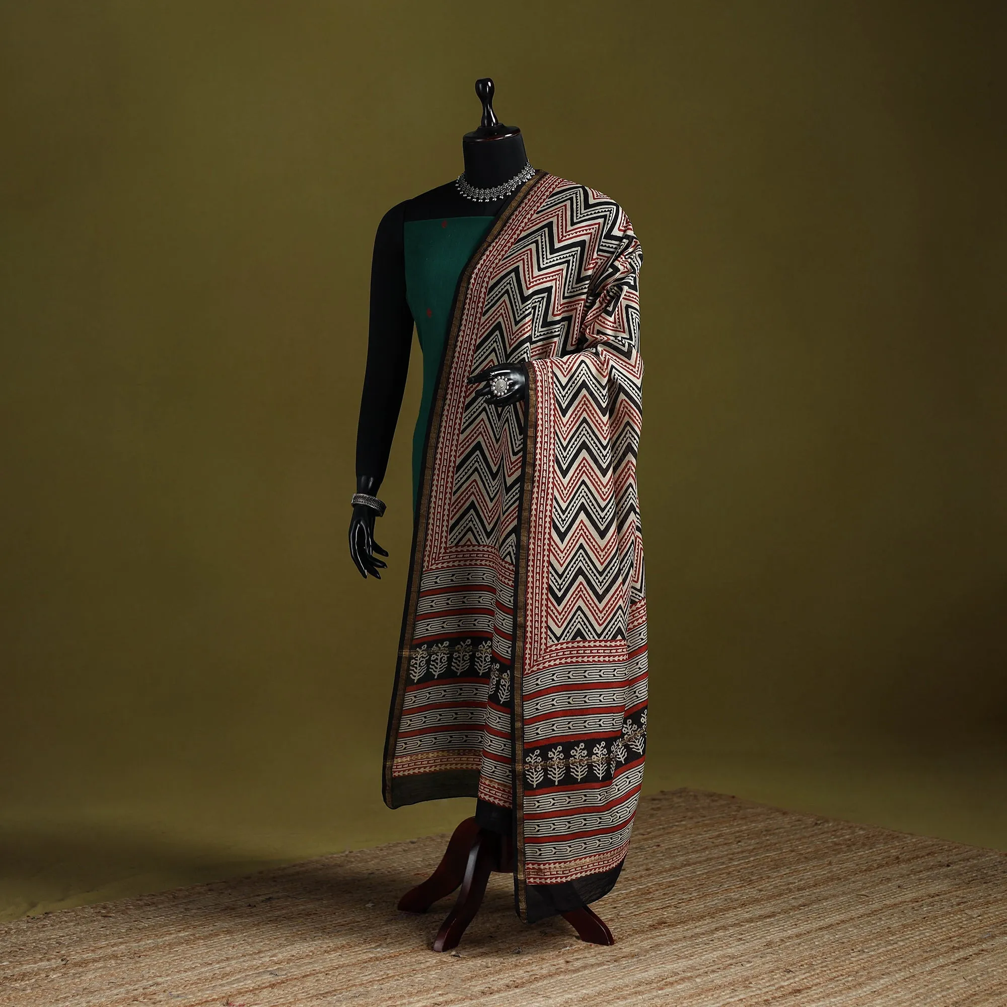 Multicolor - Chanderi Silk Hand Block Print Natural Dyed Bagru Dupatta 24 sold by Itokri