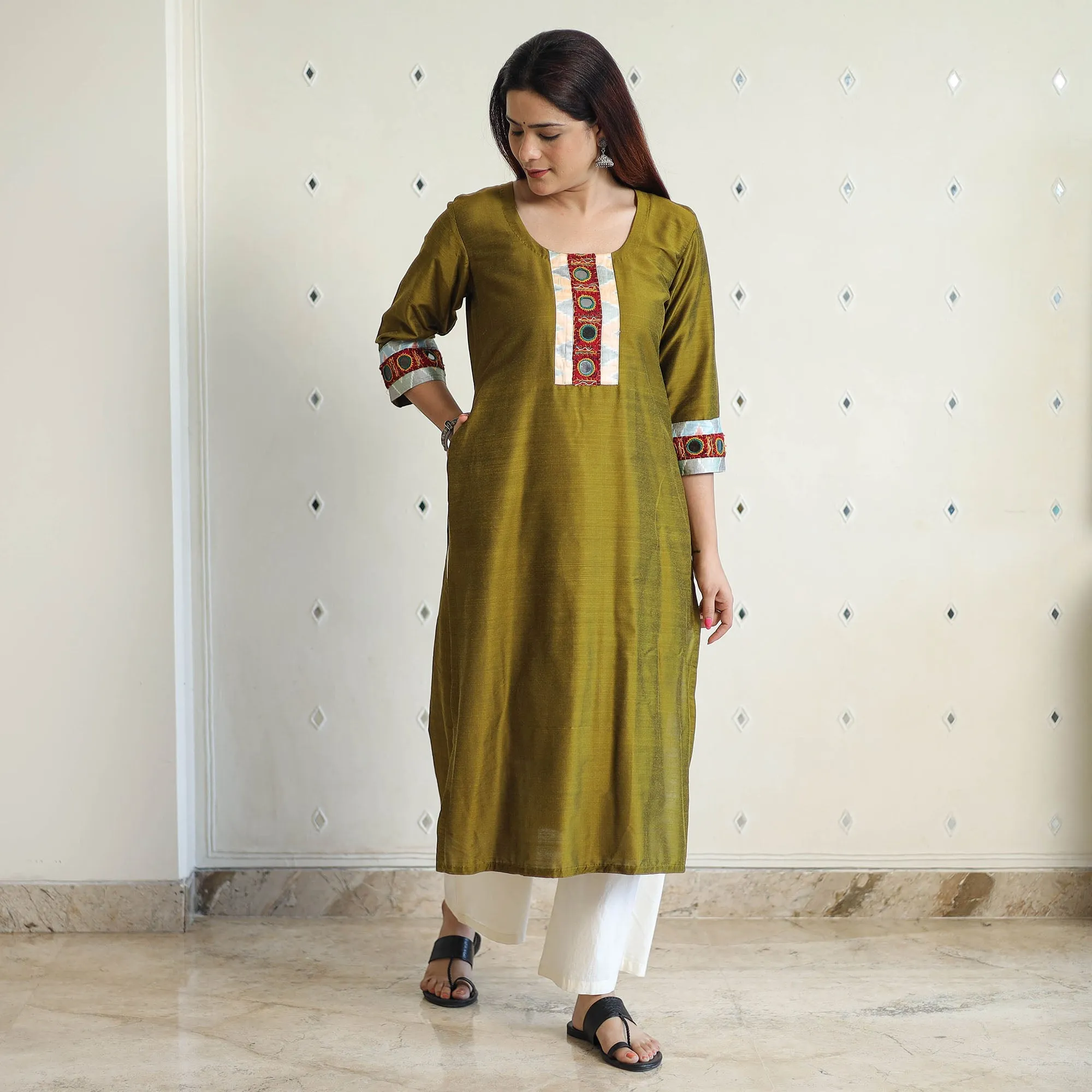 Olive Green - Plain Slub Silk Long Straight Kurta with Ikat Patchwork 31 sold by Itokri product image thumbnail 3