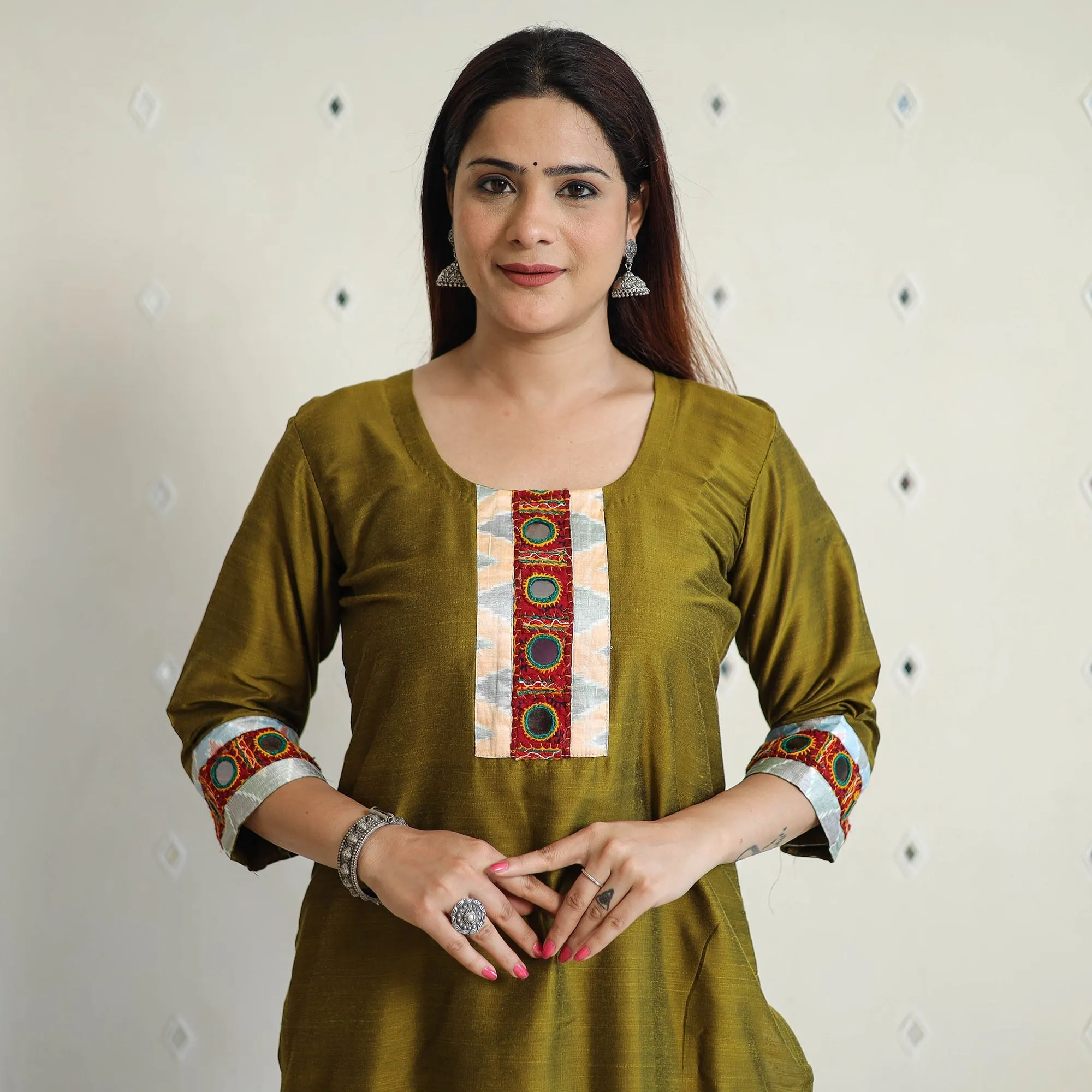 Olive Green - Plain Slub Silk Long Straight Kurta with Ikat Patchwork 31 sold by Itokri