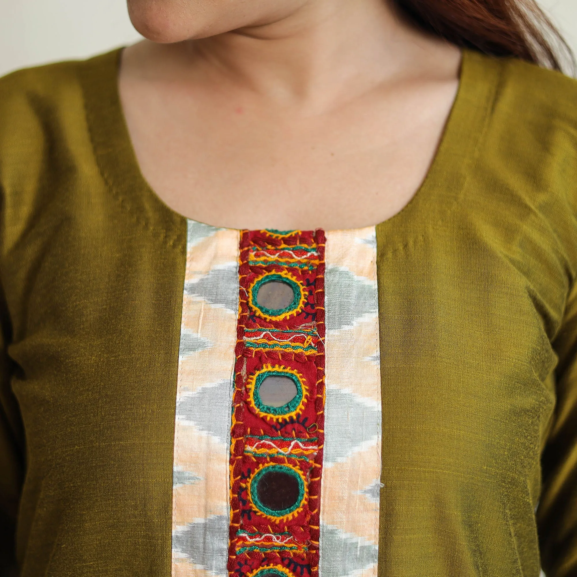 Olive Green - Plain Slub Silk Long Straight Kurta with Ikat Patchwork 31 sold by Itokri product image thumbnail 5