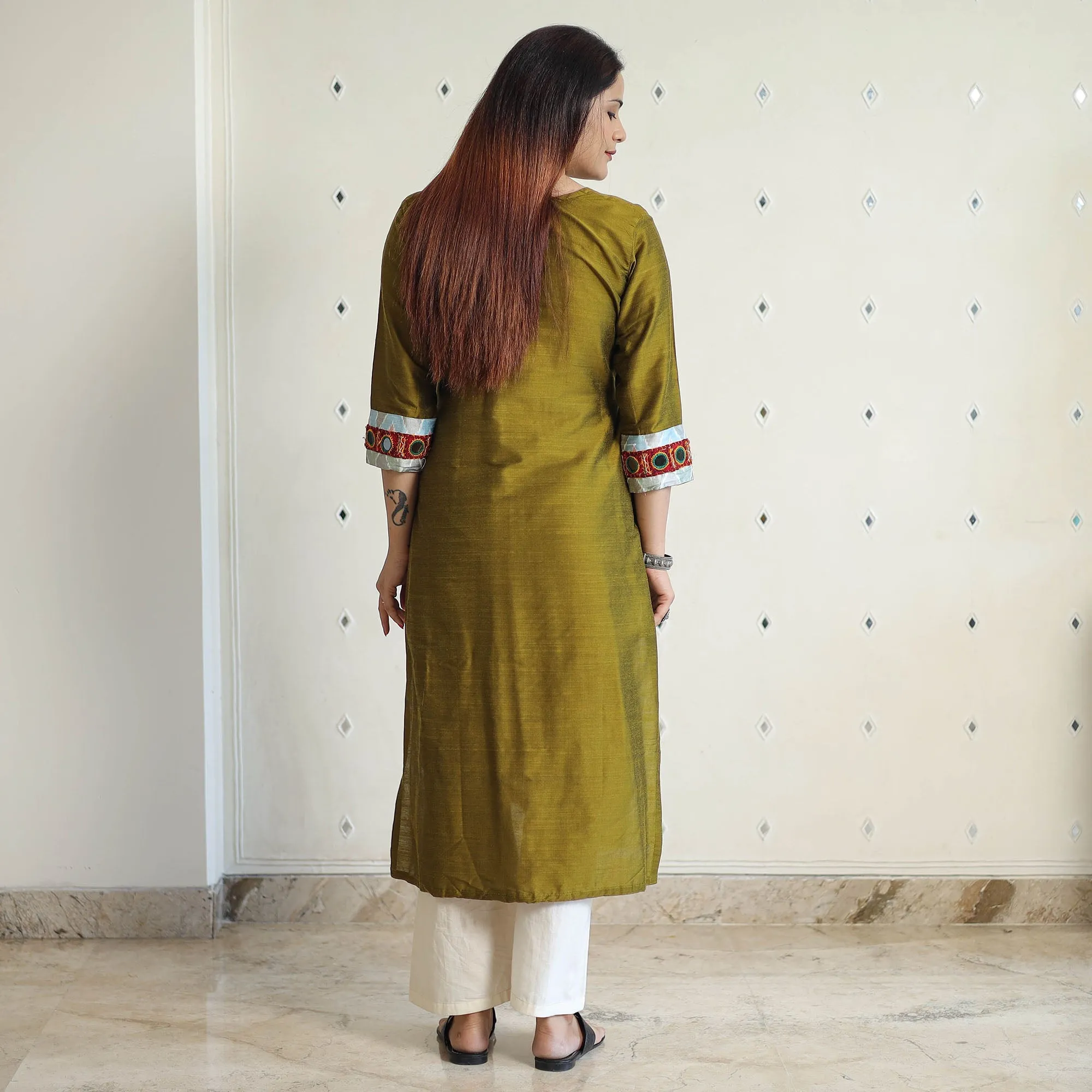 Olive Green - Plain Slub Silk Long Straight Kurta with Ikat Patchwork 31 sold by Itokri product image thumbnail 4