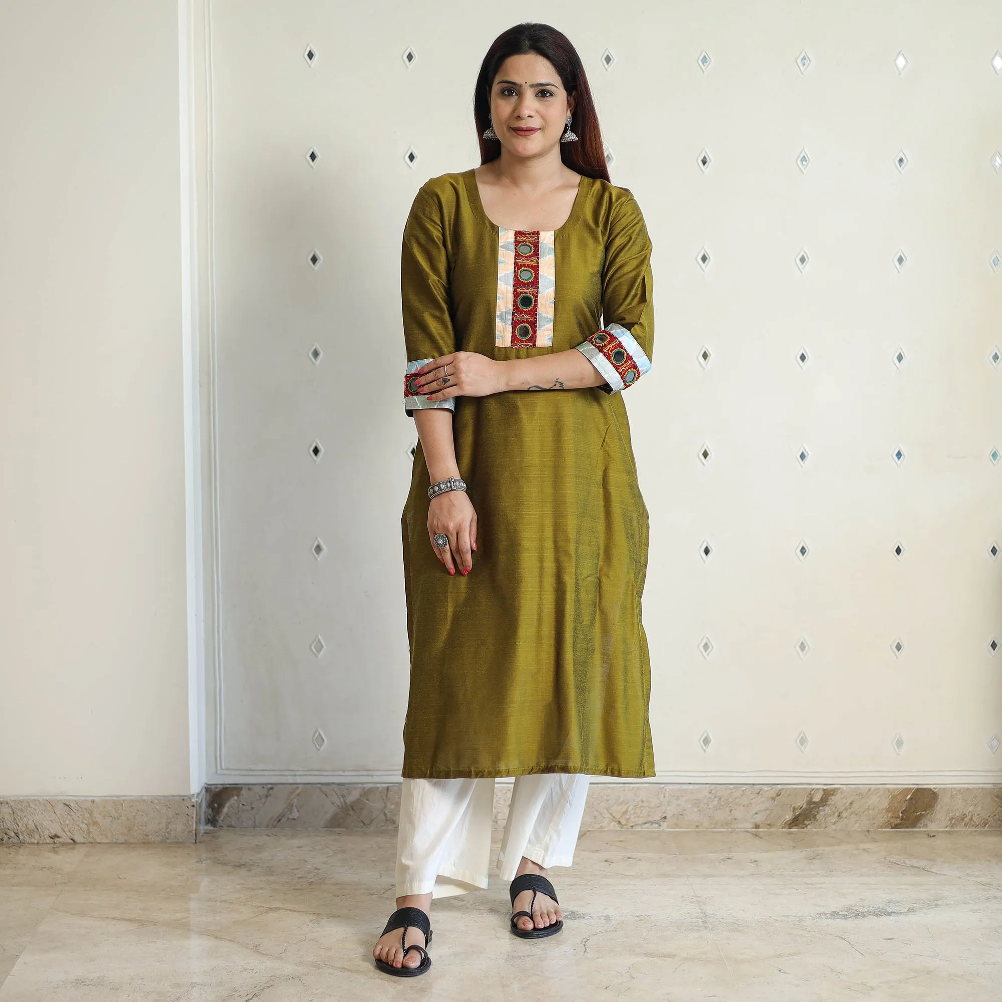 Olive Green - Plain Slub Silk Long Straight Kurta with Ikat Patchwork 31 sold by Itokri product image thumbnail 2