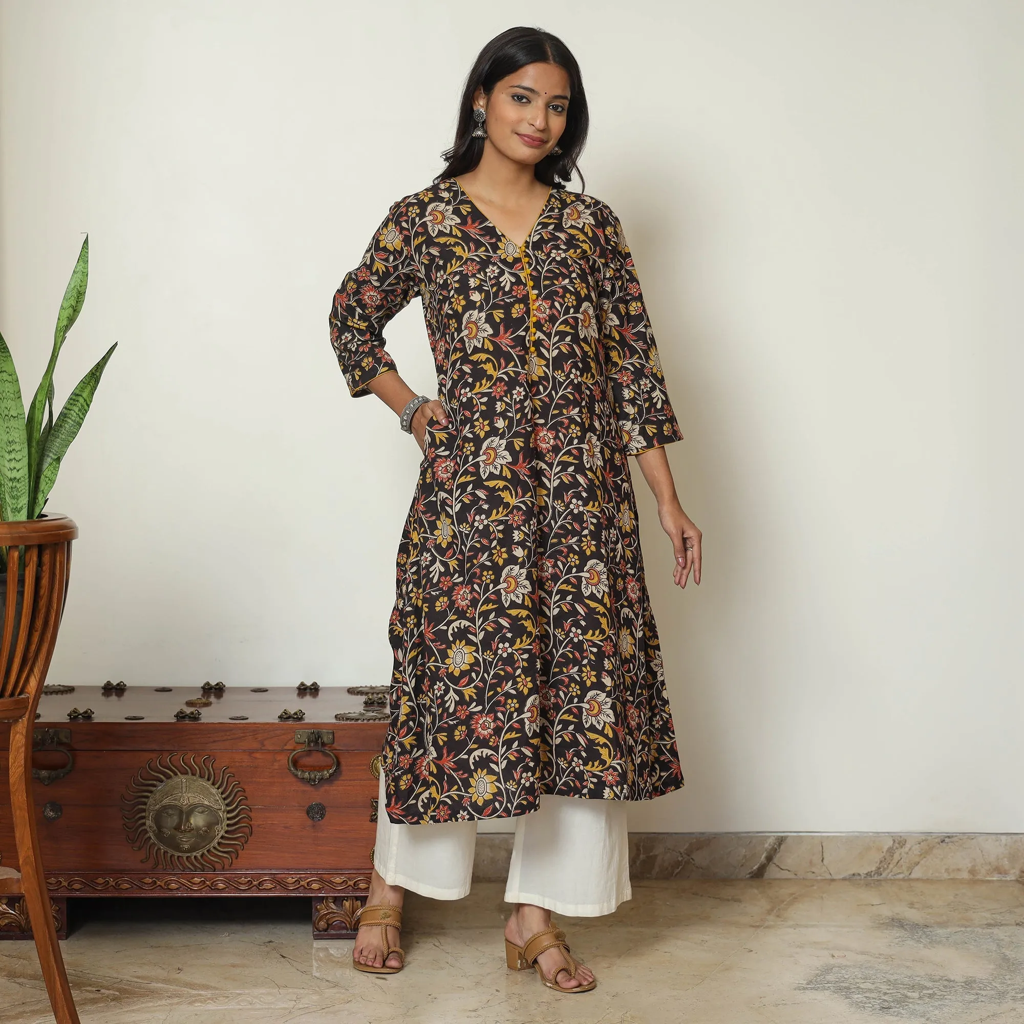Black - Kalamkari Printed Cotton A-Line Kurta 37 sold by Itokri product image thumbnail 2