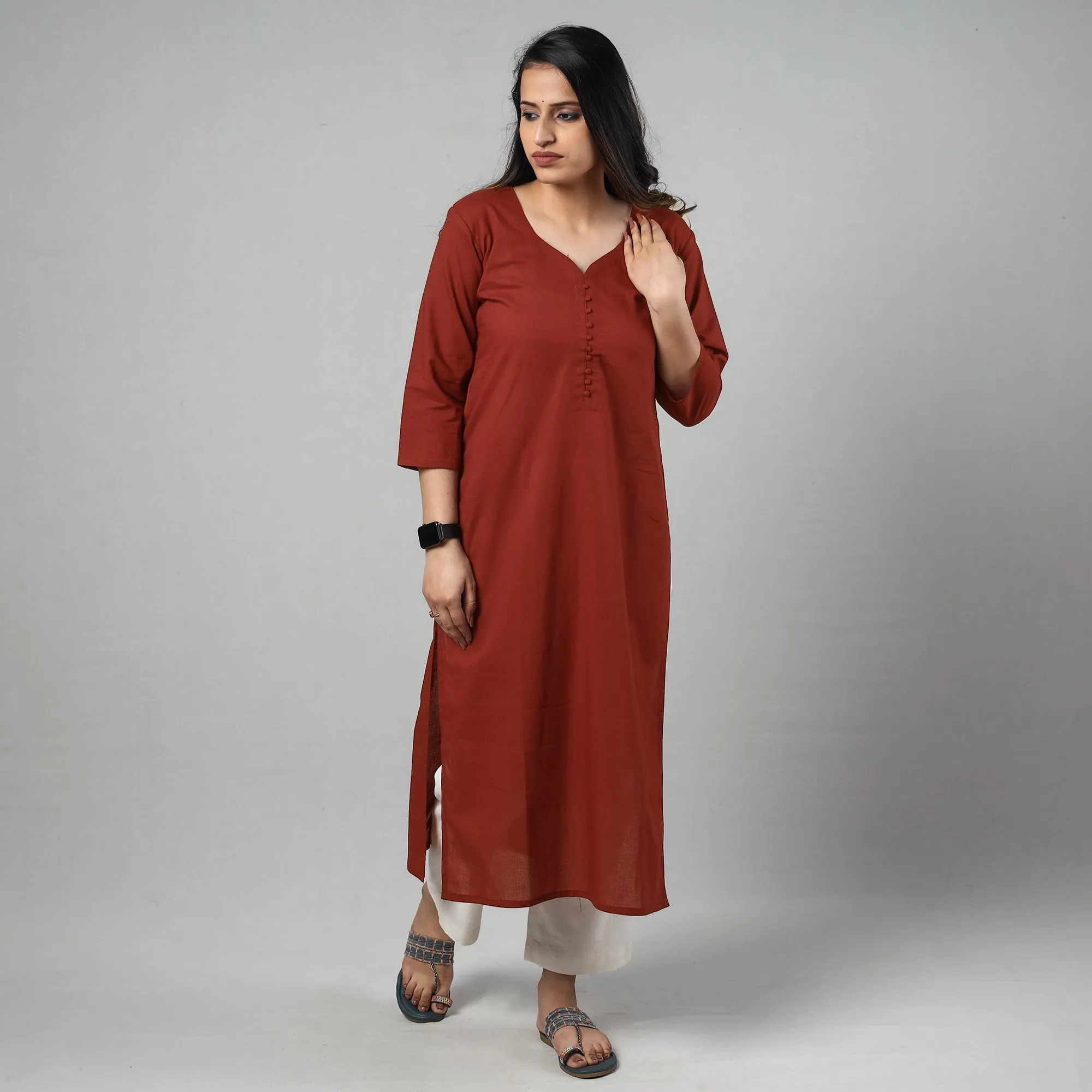 Maroon Plain Cotton Long Kurta sold by Itokri product image thumbnail 2