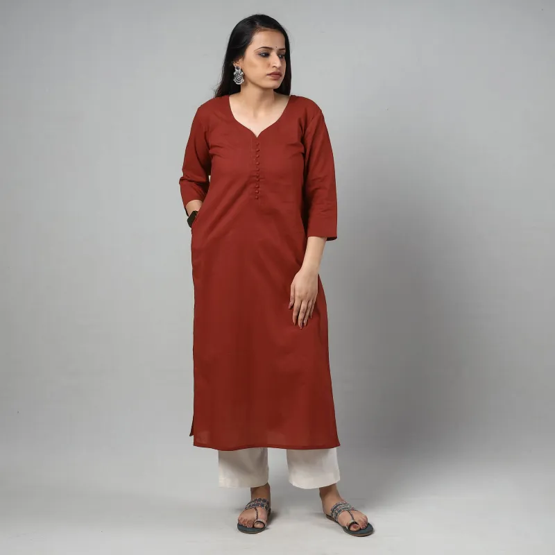 Maroon Plain Cotton Long Kurta made by Itokri