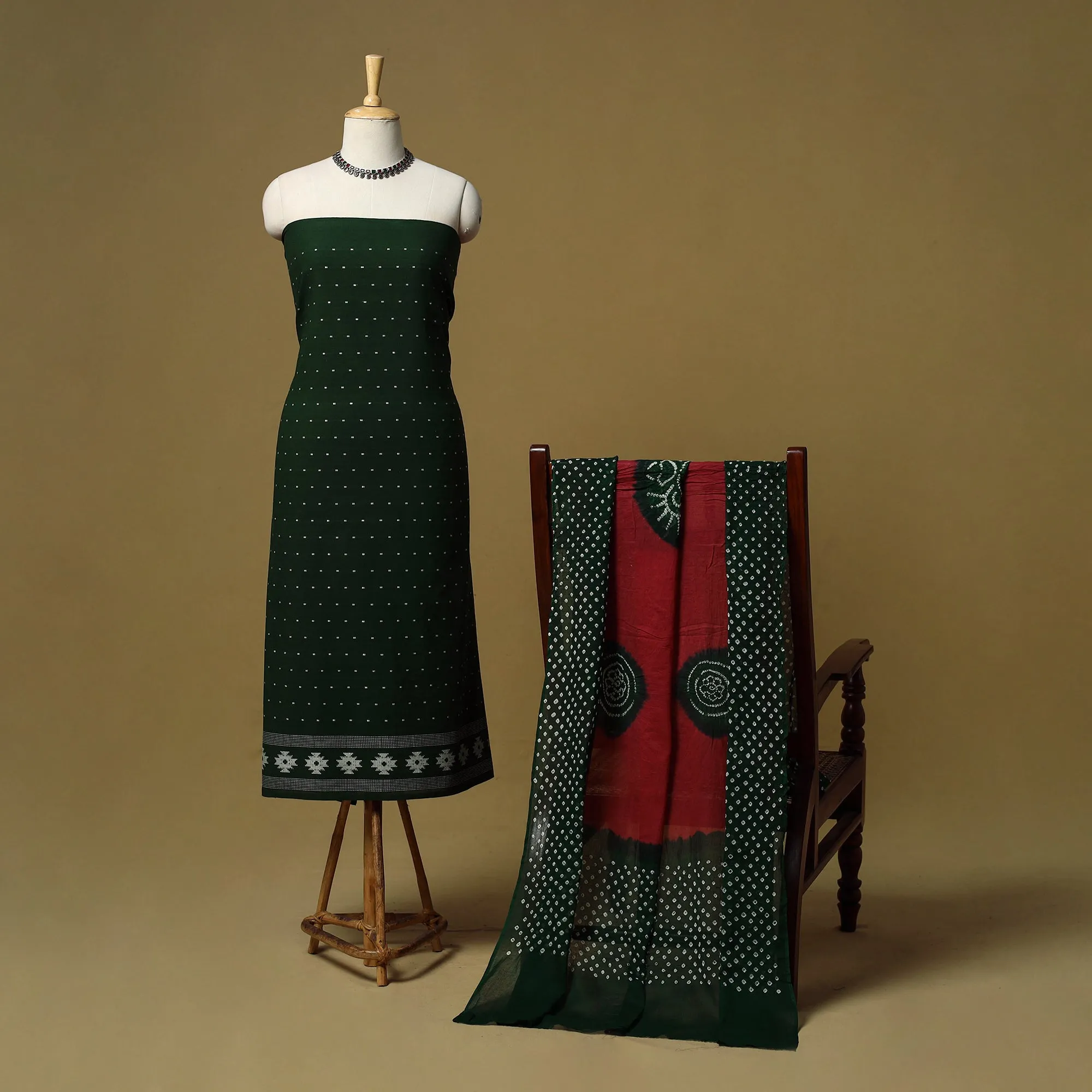 Green - Jacquard Cotton 2pc Unstitched Dress Material with Earrings 09 sold by Itokri product image thumbnail 2
