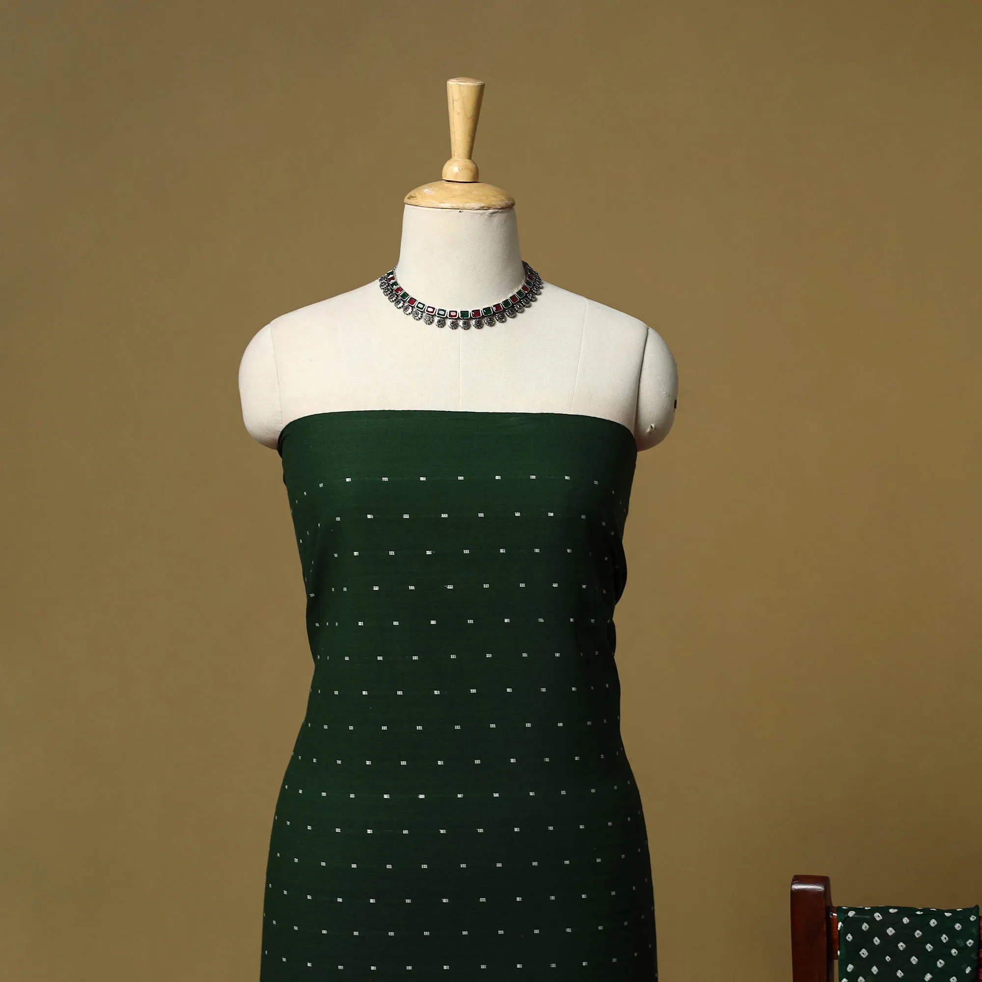 Green - Jacquard Cotton 2pc Unstitched Dress Material with Earrings 09 sold by Itokri product image thumbnail 3