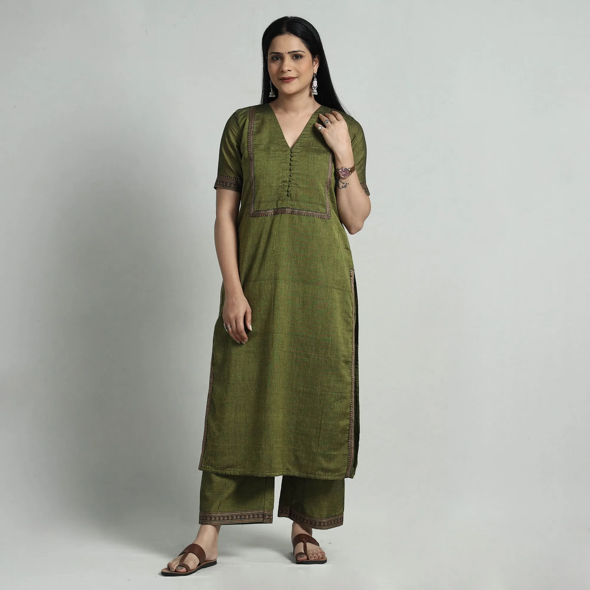Green Dharwad Cotton Kurta with Palazzo & Dupatta Set sold by Itokri product image thumbnail 3