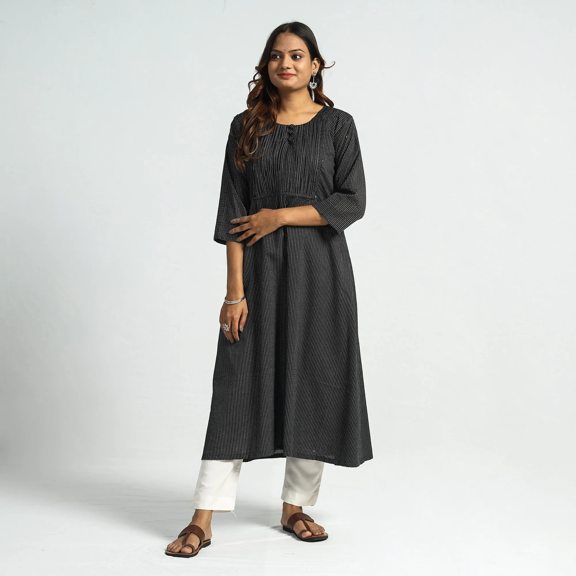 Black - Plain Running Stitch Cotton Pintuck Long Kurta sold by Itokri product image thumbnail 2