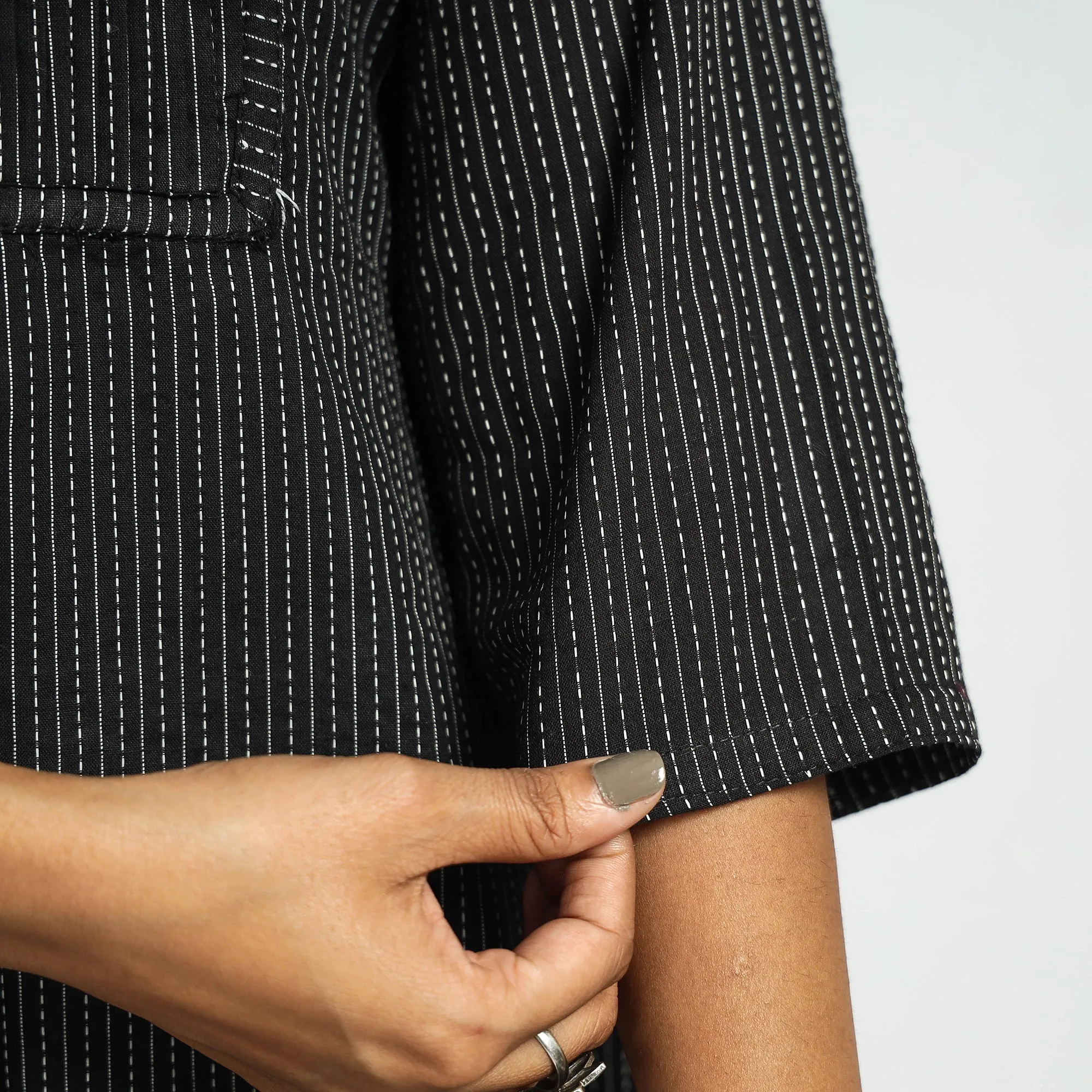 Black - Plain Running Stitch Cotton Pintuck Long Kurta sold by Itokri product image thumbnail 5