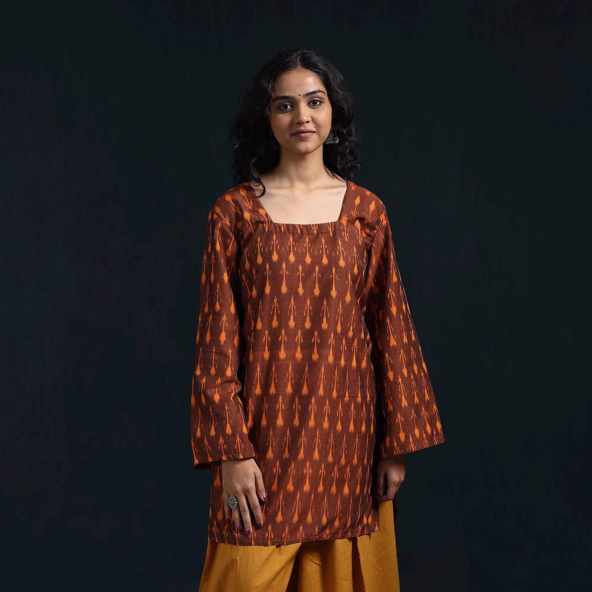 Brown - Mercerised Cotton Short Pochampally Ikat Kurta for women 13 sold by Itokri product image thumbnail 3