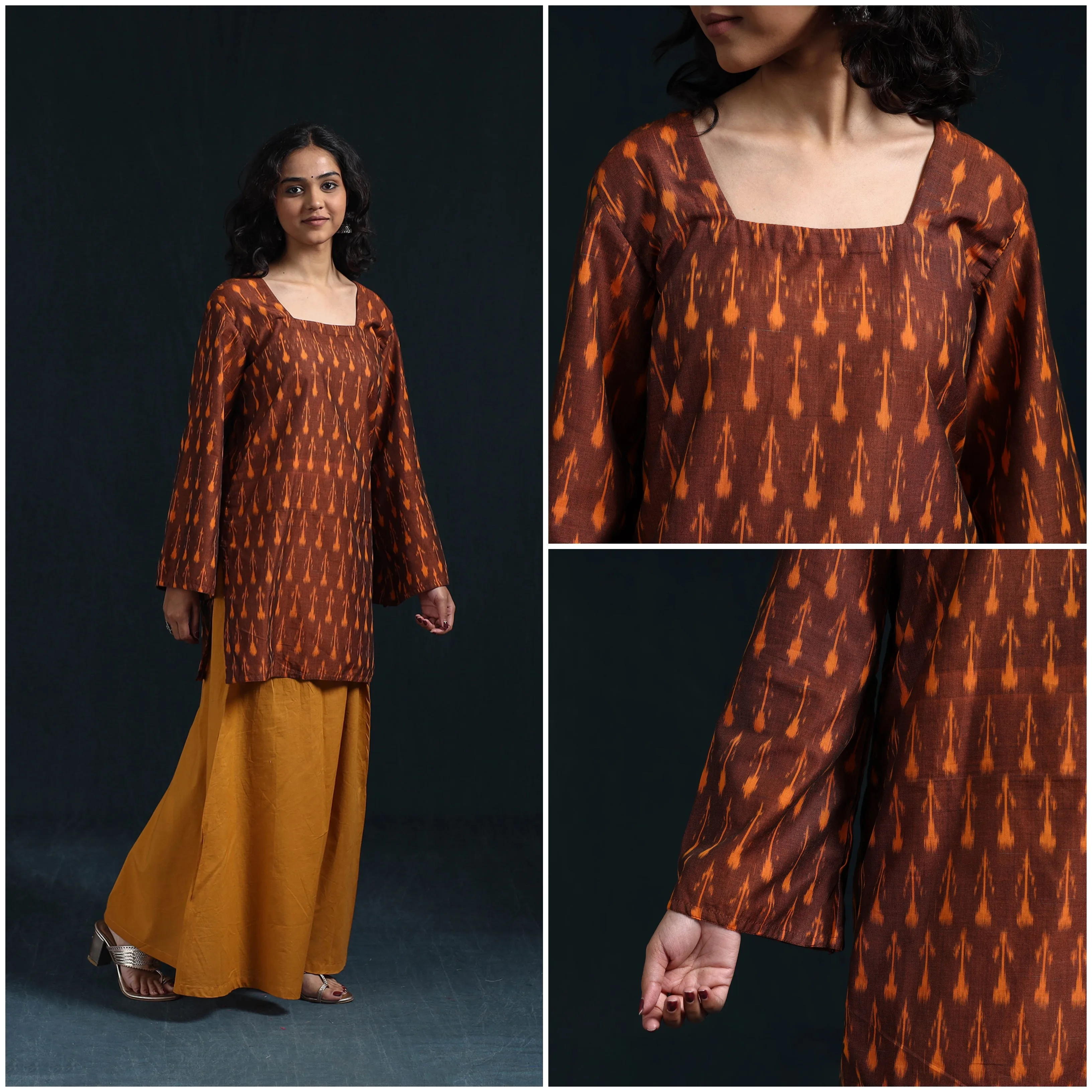 Brown - Mercerised Cotton Short Pochampally Ikat Kurta for women 13 sold by Itokri product image thumbnail 4
