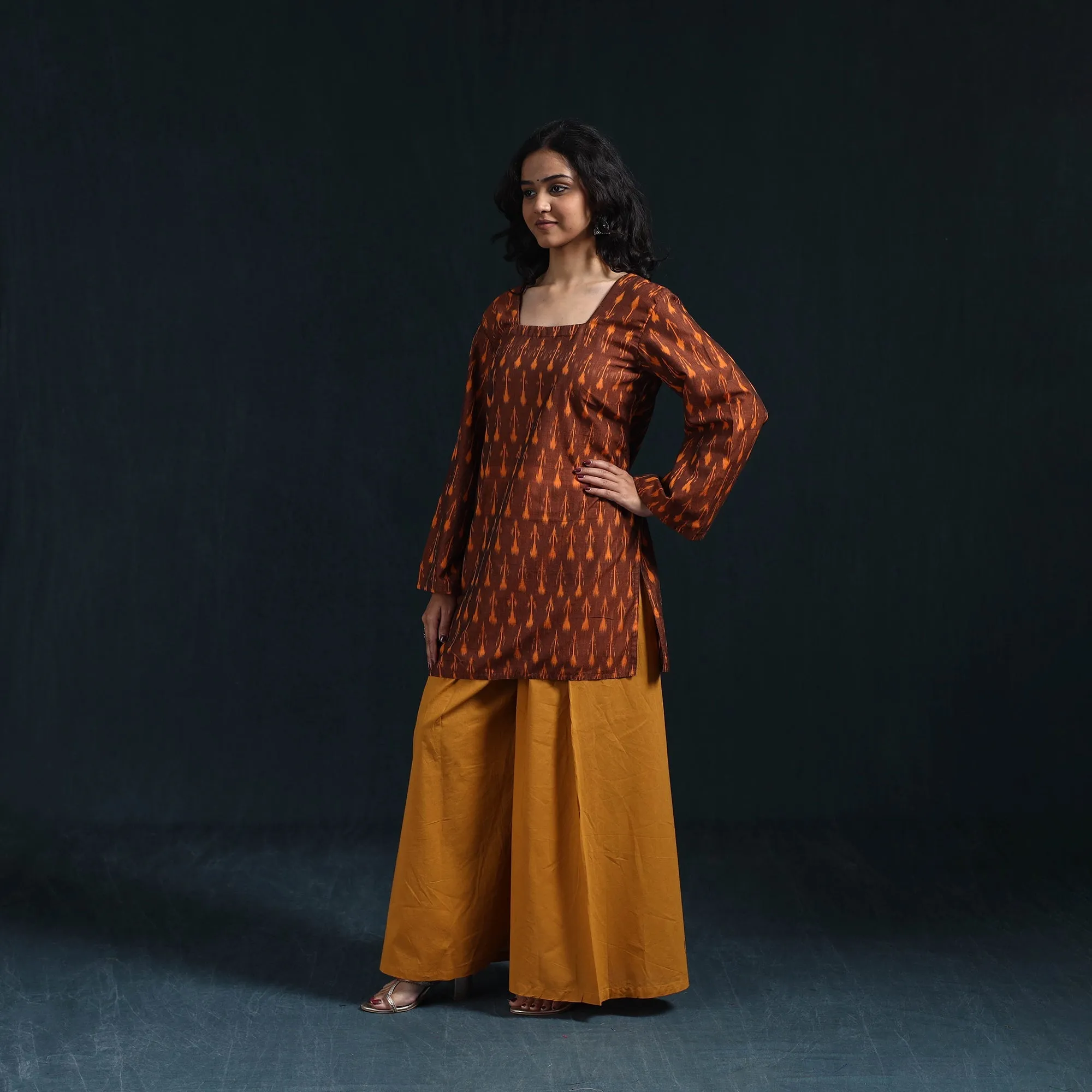 Brown - Mercerised Cotton Short Pochampally Ikat Kurta for women 13 sold by Itokri product image thumbnail 2