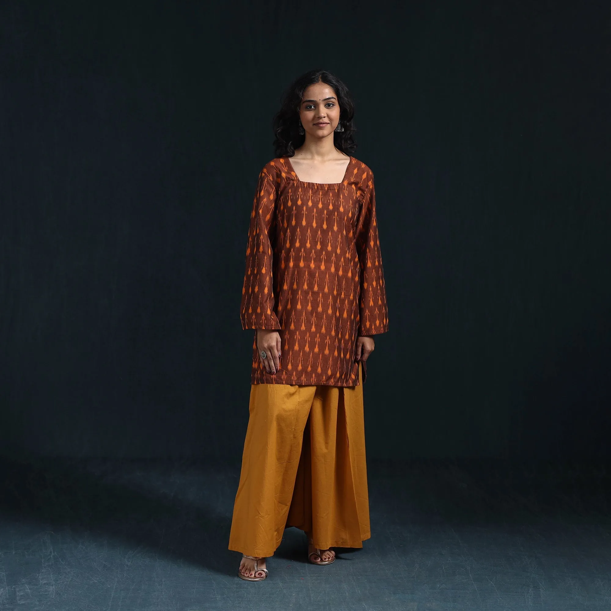 Brown - Mercerised Cotton Short Pochampally Ikat Kurta for women 13 sold by Itokri
