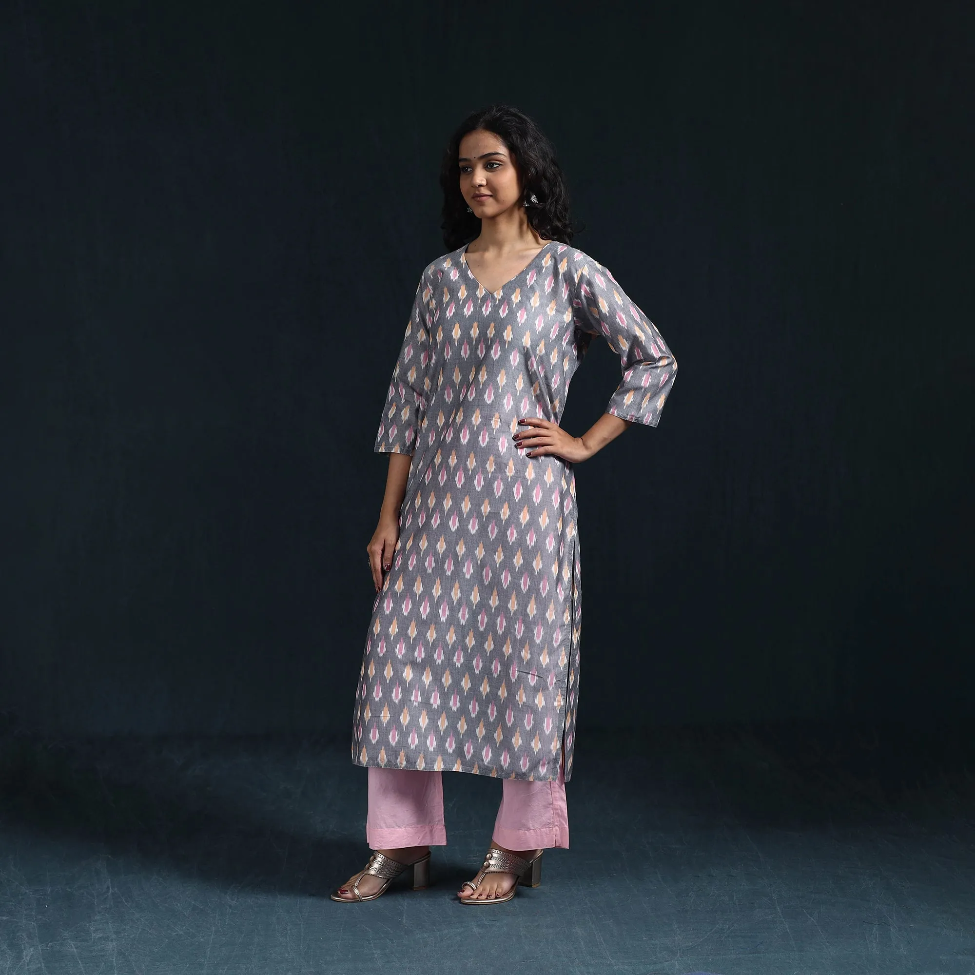 Grey - Mercerised Cotton Straight Pochampally Ikat Kurta for women 08 sold by Itokri product image thumbnail 2