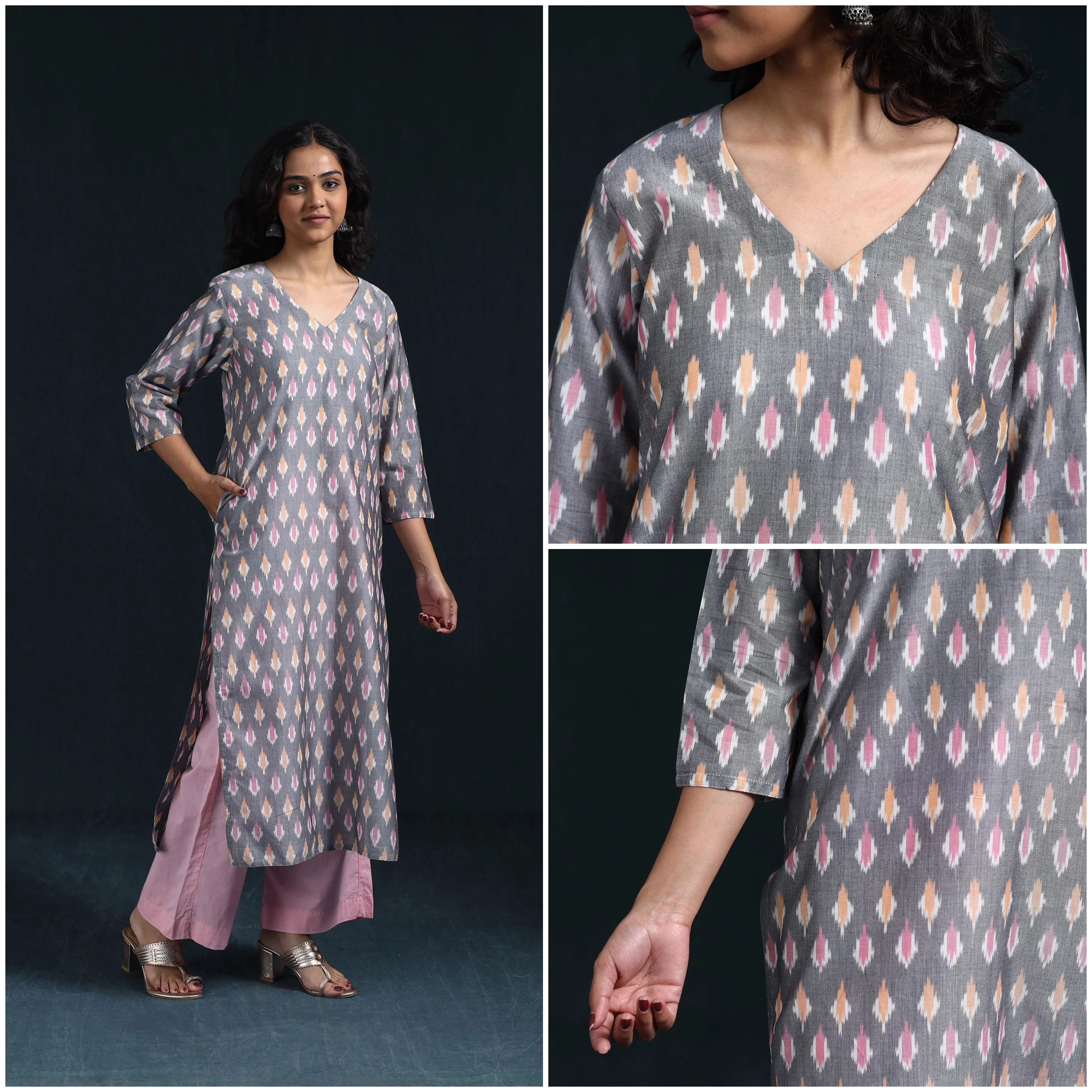 Grey - Mercerised Cotton Straight Pochampally Ikat Kurta for women 08 sold by Itokri product image thumbnail 4