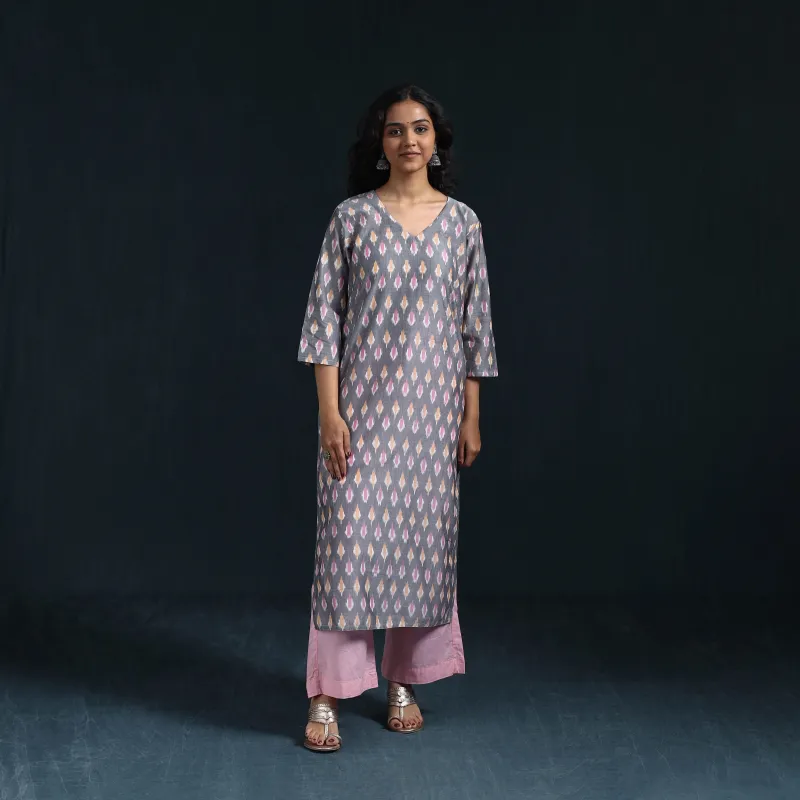 Grey - Mercerised Cotton Straight Pochampally Ikat Kurta for women 08 made by Itokri