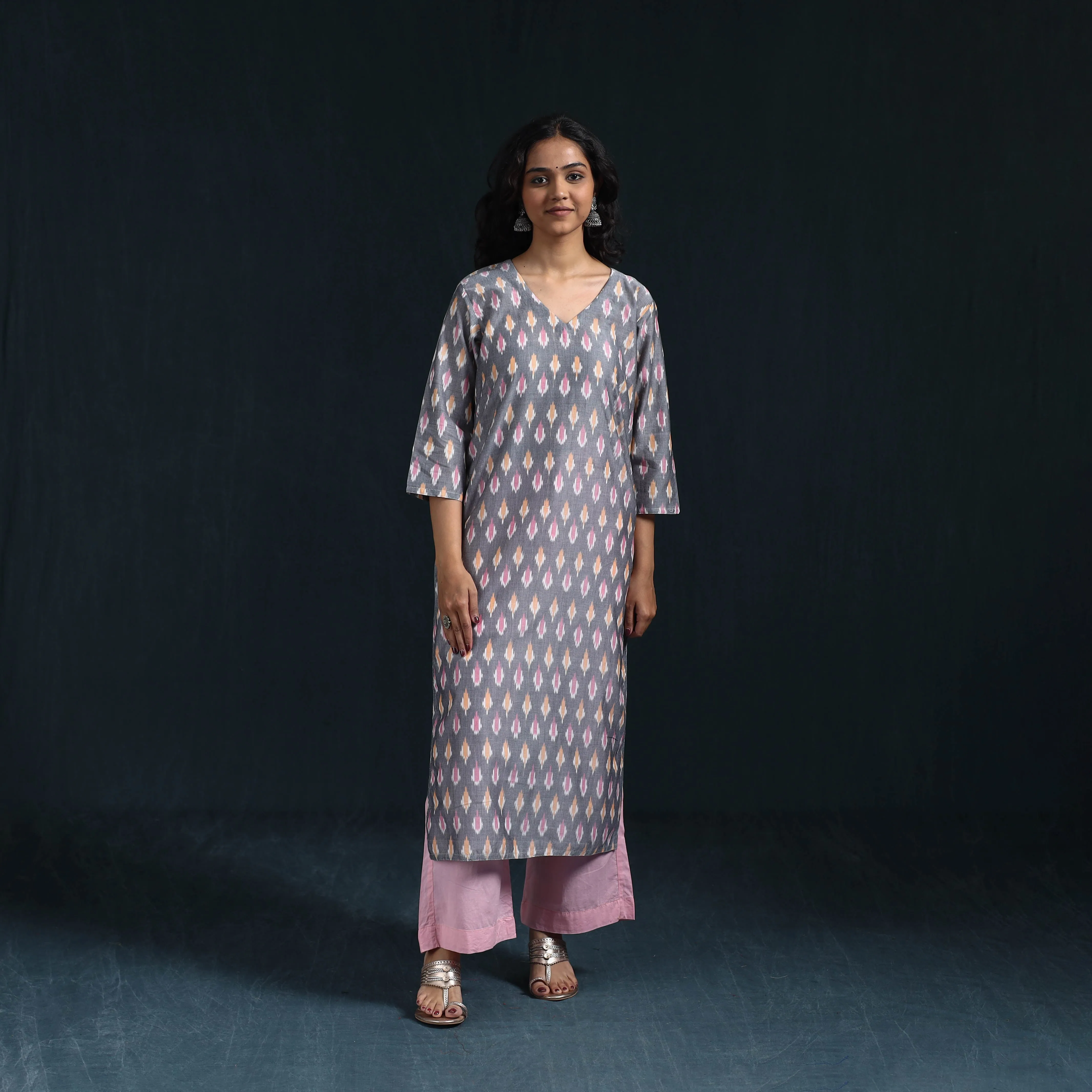 Grey - Mercerised Cotton Straight Pochampally Ikat Kurta for women 08 sold by Itokri