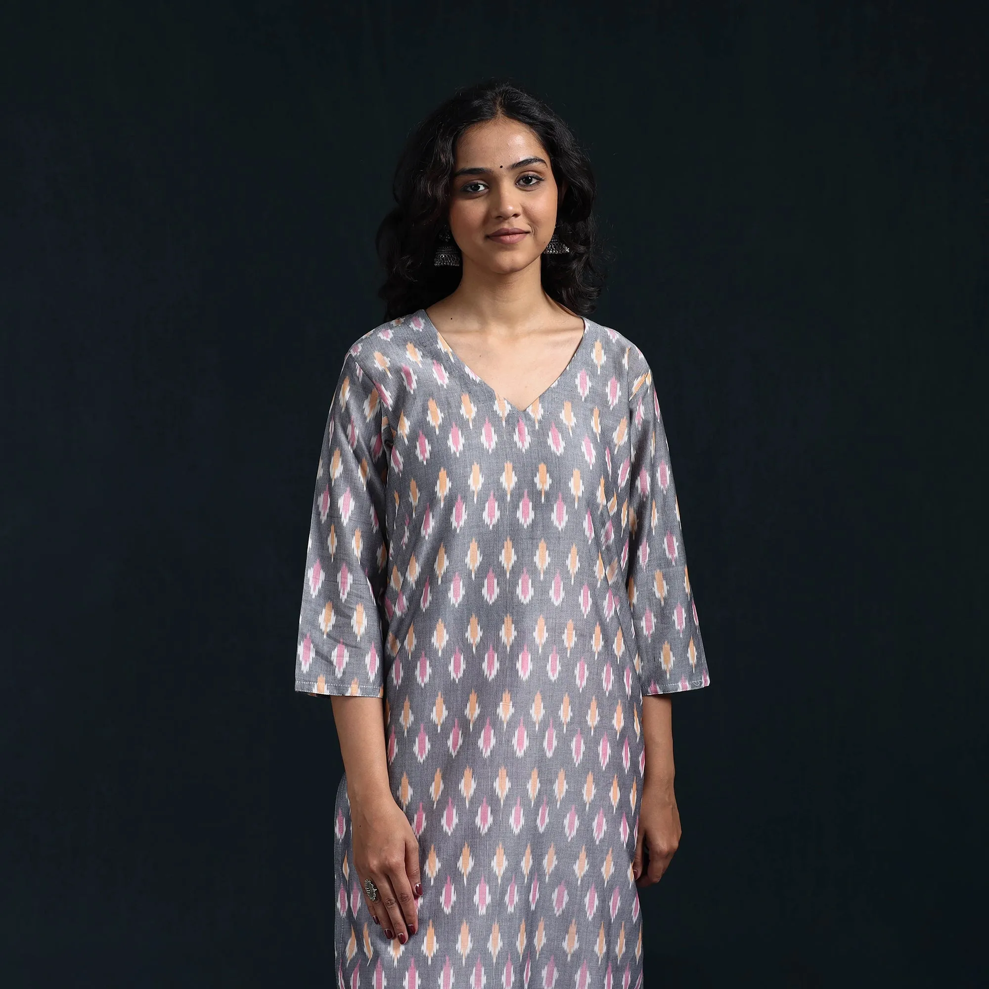 Grey - Mercerised Cotton Straight Pochampally Ikat Kurta for women 08 sold by Itokri product image thumbnail 3