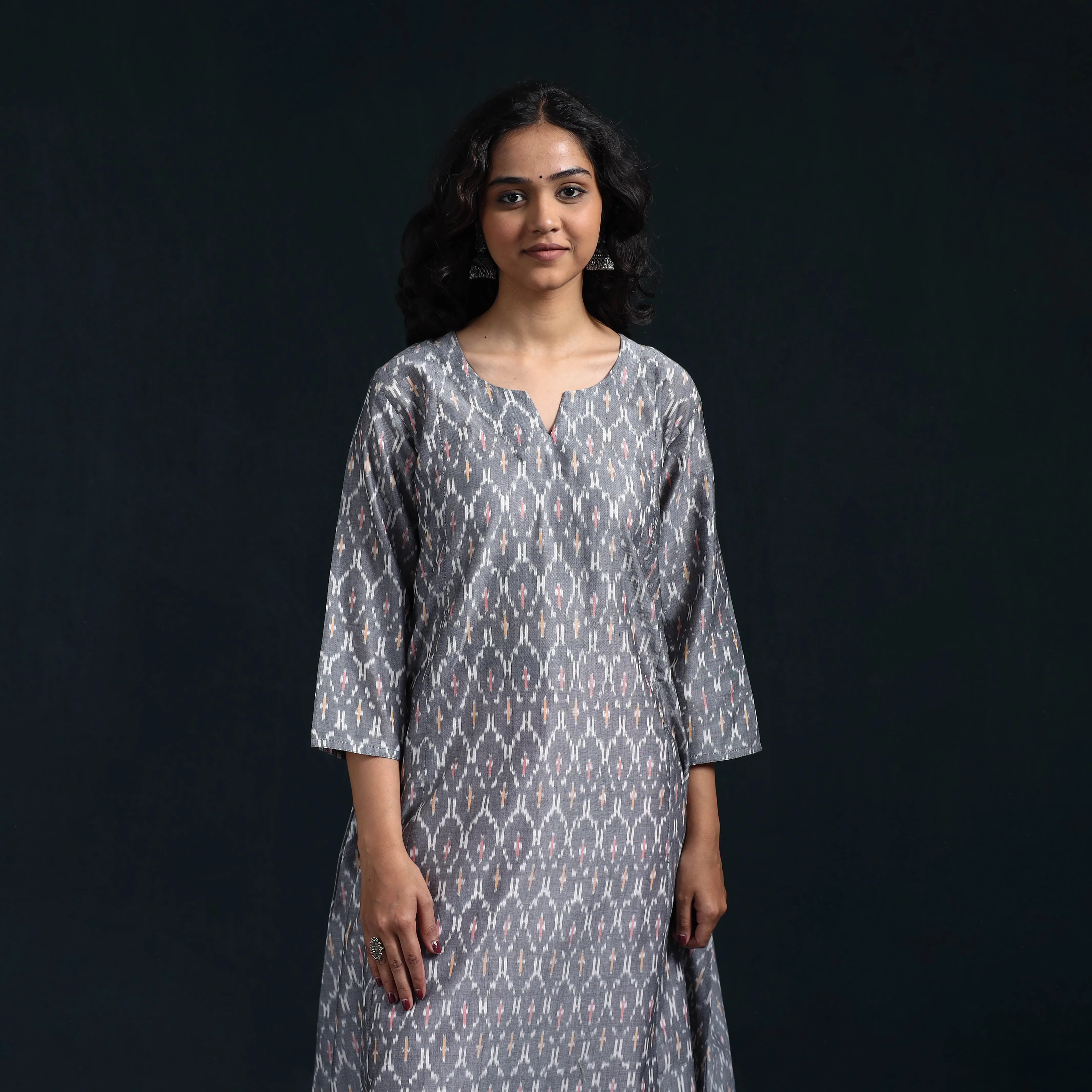 Grey - Mercerised Cotton A-Line Pochampally Ikat Kurta for women 05 sold by Itokri product image thumbnail 3
