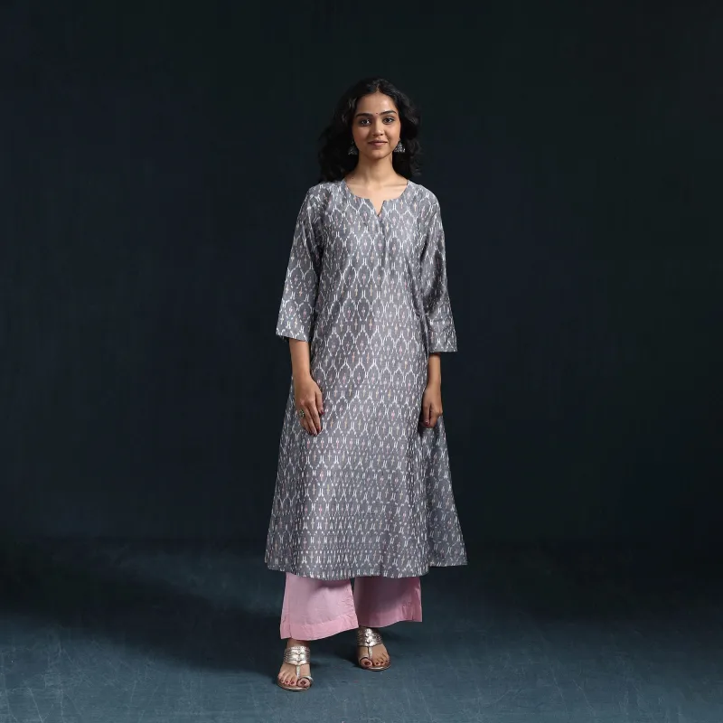 Grey - Mercerised Cotton A-Line Pochampally Ikat Kurta for women 05 sold by Itokri