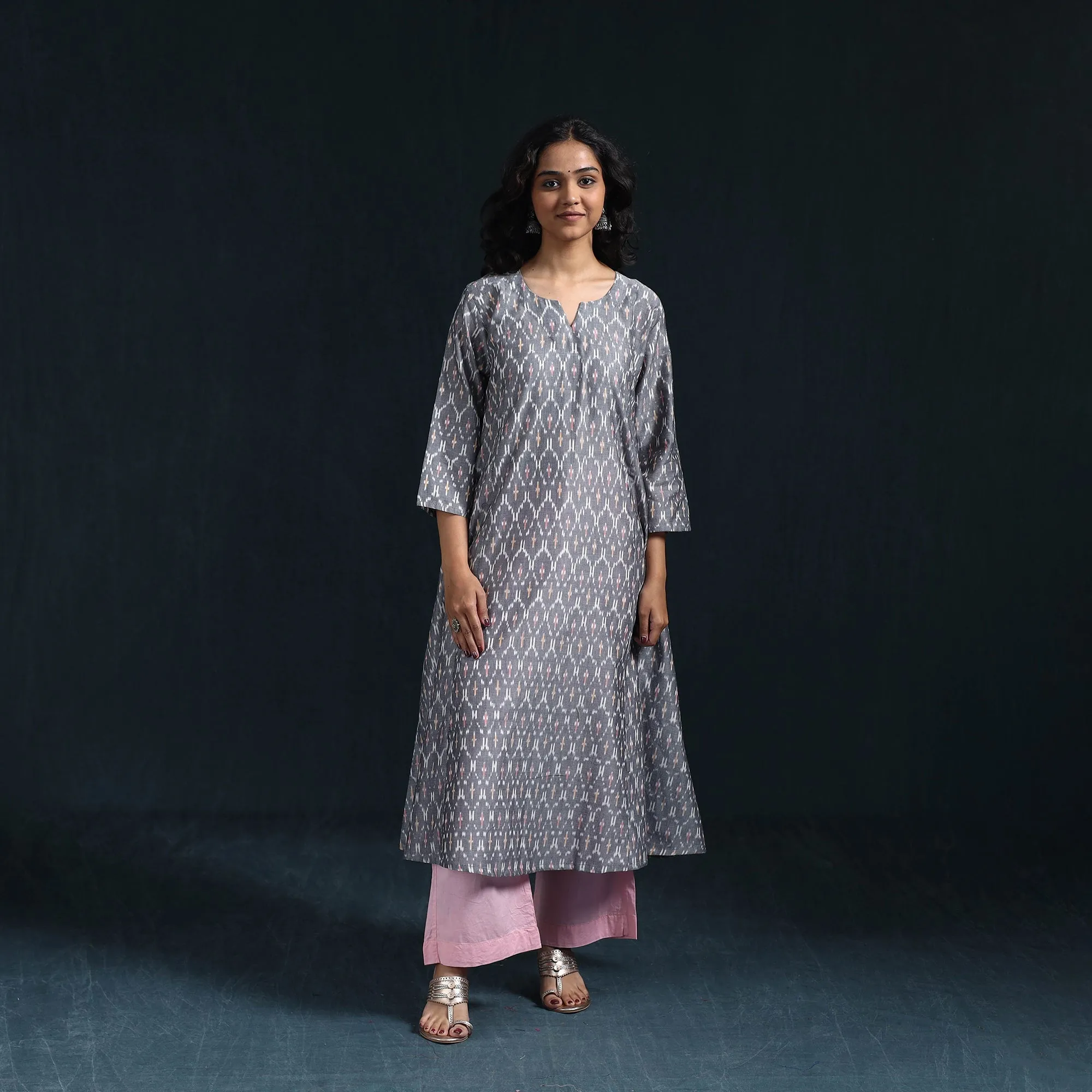 Grey - Mercerised Cotton A-Line Pochampally Ikat Kurta for women 05 sold by Itokri