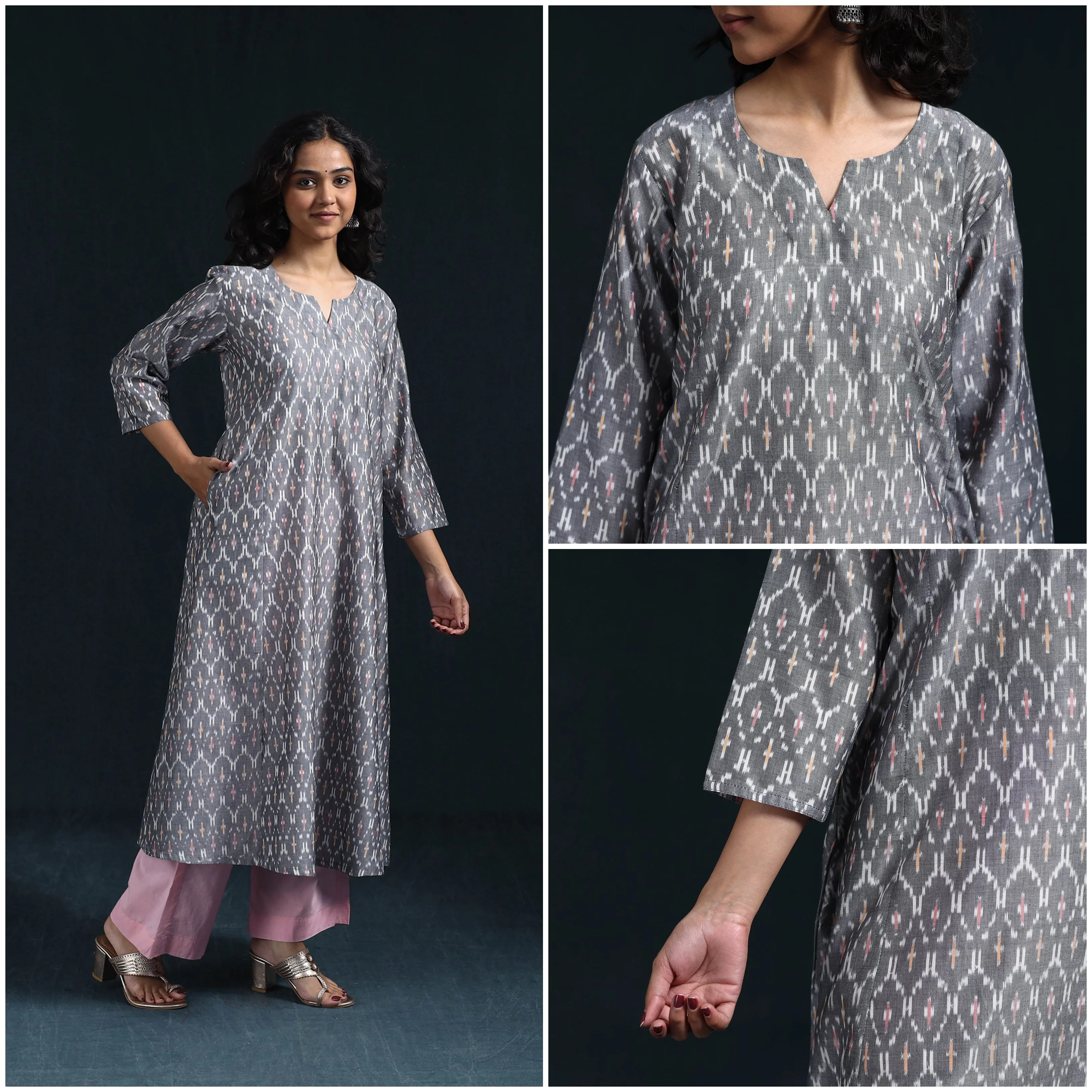 Grey - Mercerised Cotton A-Line Pochampally Ikat Kurta for women 05 sold by Itokri product image thumbnail 4