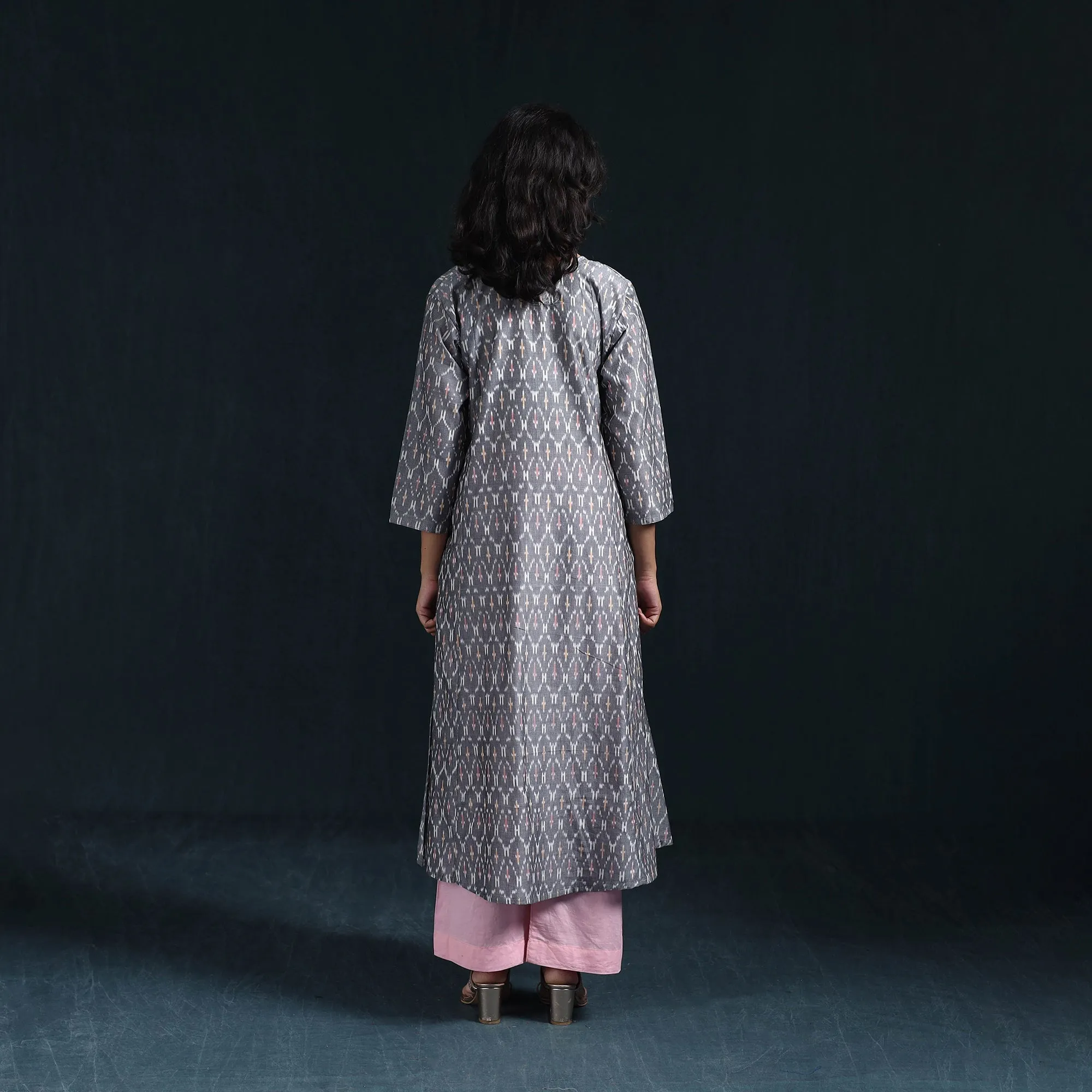 Grey - Mercerised Cotton A-Line Pochampally Ikat Kurta for women 05 sold by Itokri product image thumbnail 5