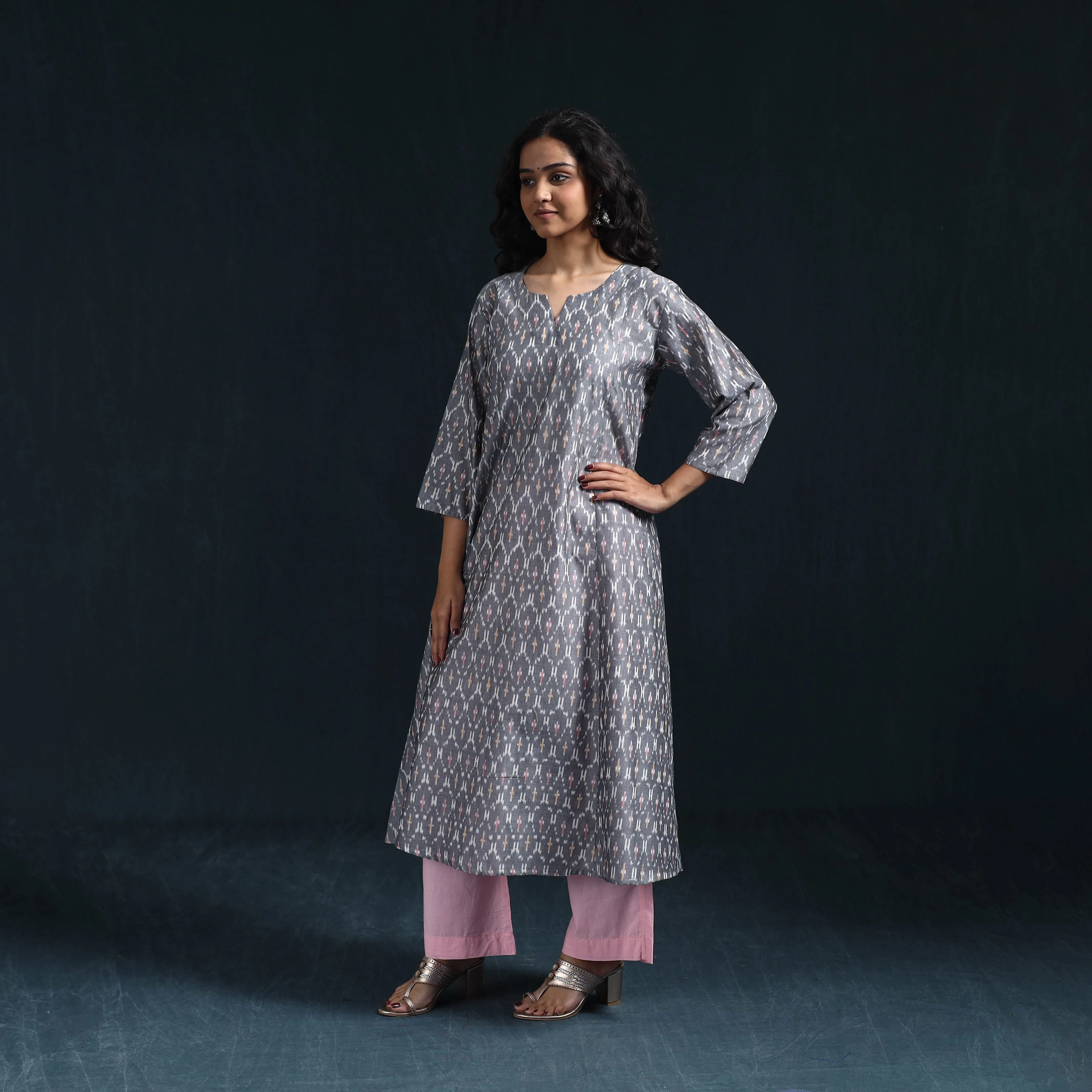 Grey - Mercerised Cotton A-Line Pochampally Ikat Kurta for women 05 sold by Itokri product image thumbnail 2