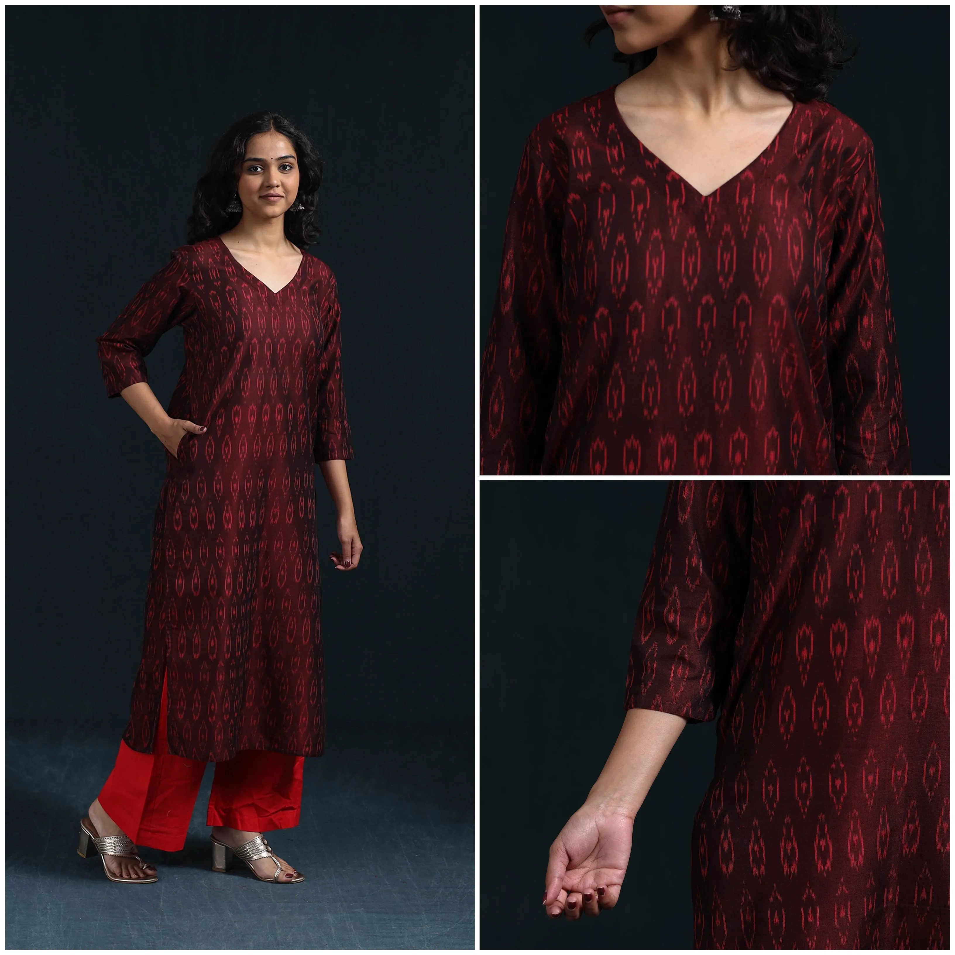 Maroon - Mercerised Cotton Straight Pochampally Ikat Kurta for women 06 sold by Itokri product image thumbnail 4