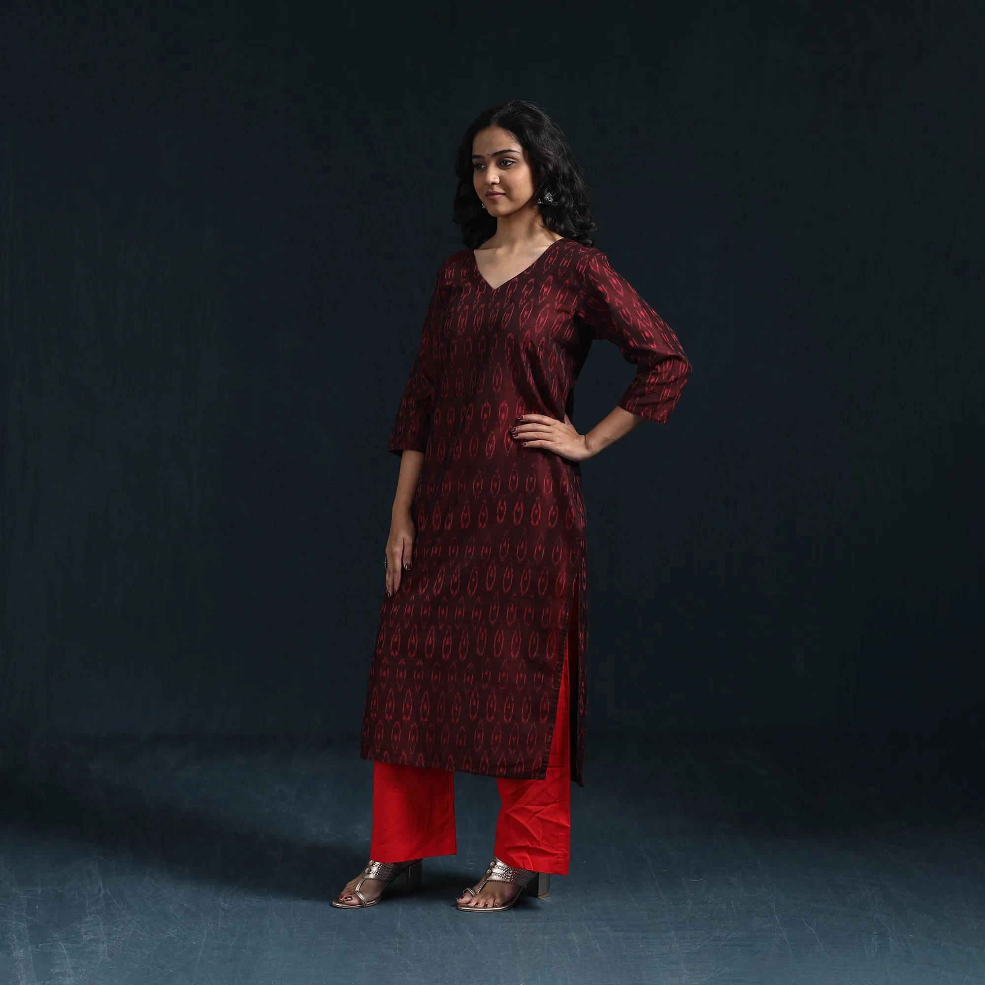 Maroon - Mercerised Cotton Straight Pochampally Ikat Kurta for women 06 sold by Itokri product image thumbnail 2