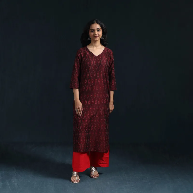 Maroon - Mercerised Cotton Straight Pochampally Ikat Kurta for women 06 sold by Itokri